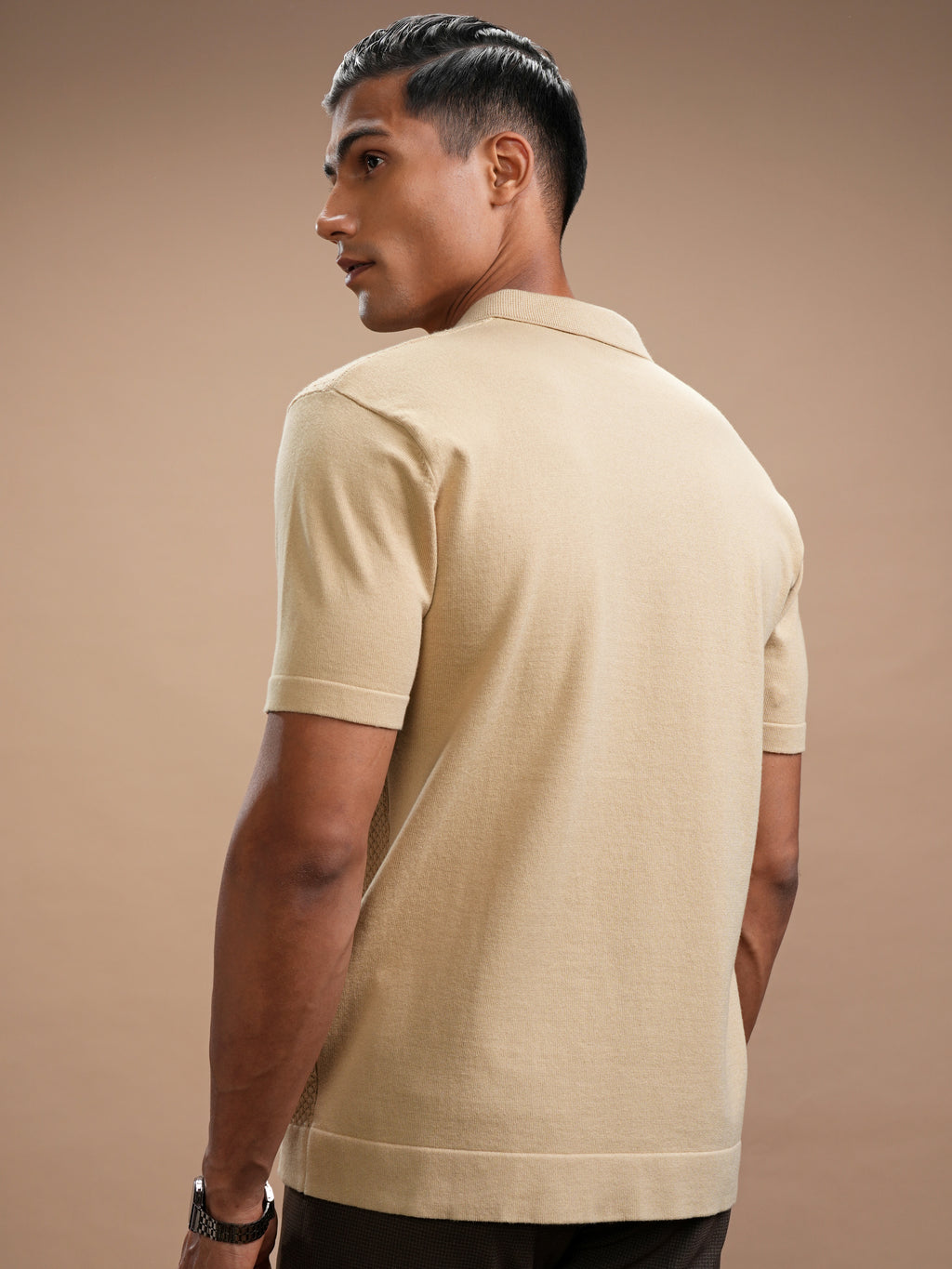Highlander Men Beige Self Design Polo Collar T-Shirt - Beige - Image 3
