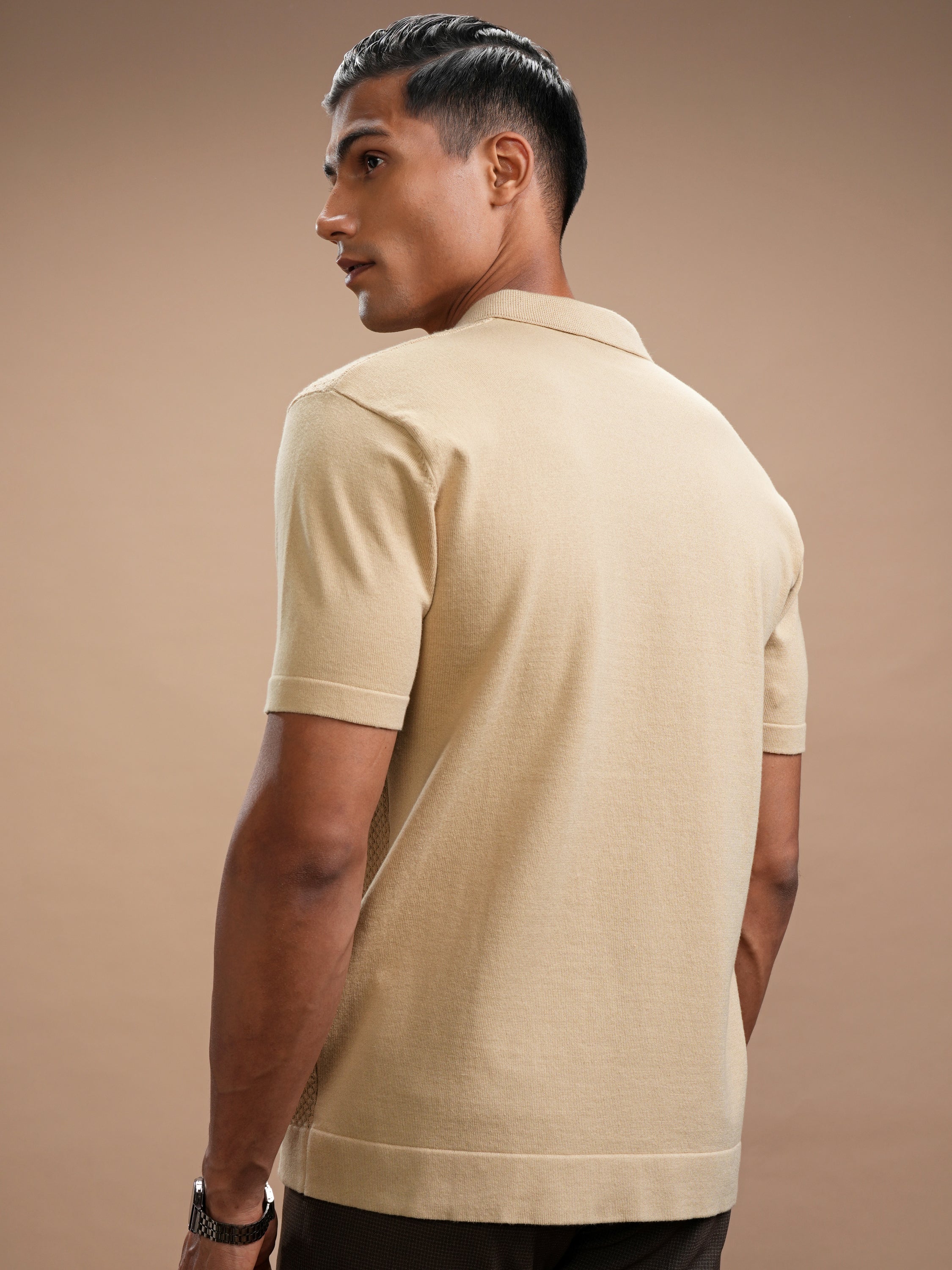 Highlander Men Beige Self Design Polo Collar T-Shirt - Beige - Image 3