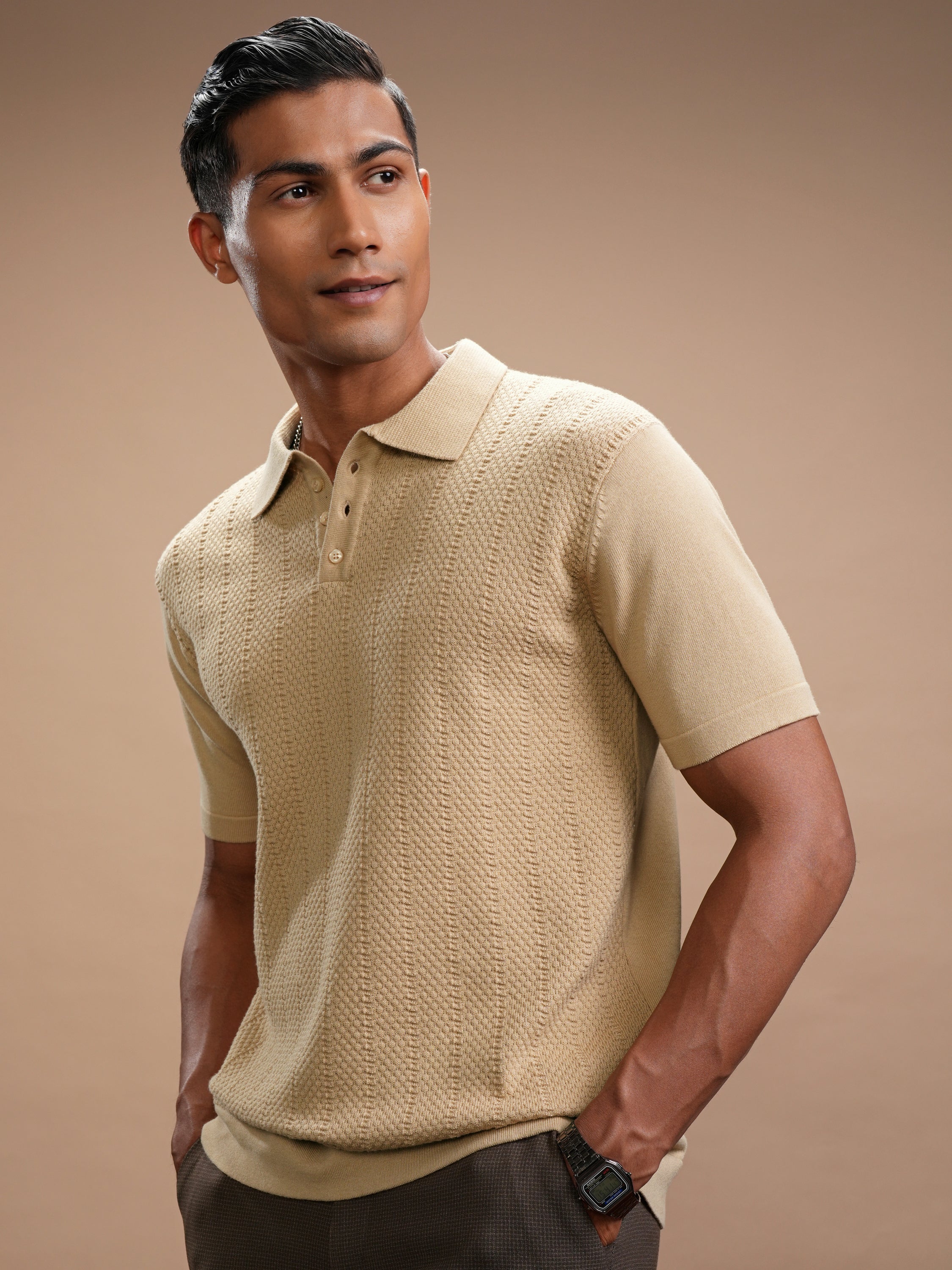 Highlander Men Beige Self Design Polo Collar T-Shirt - Beige - Image 4