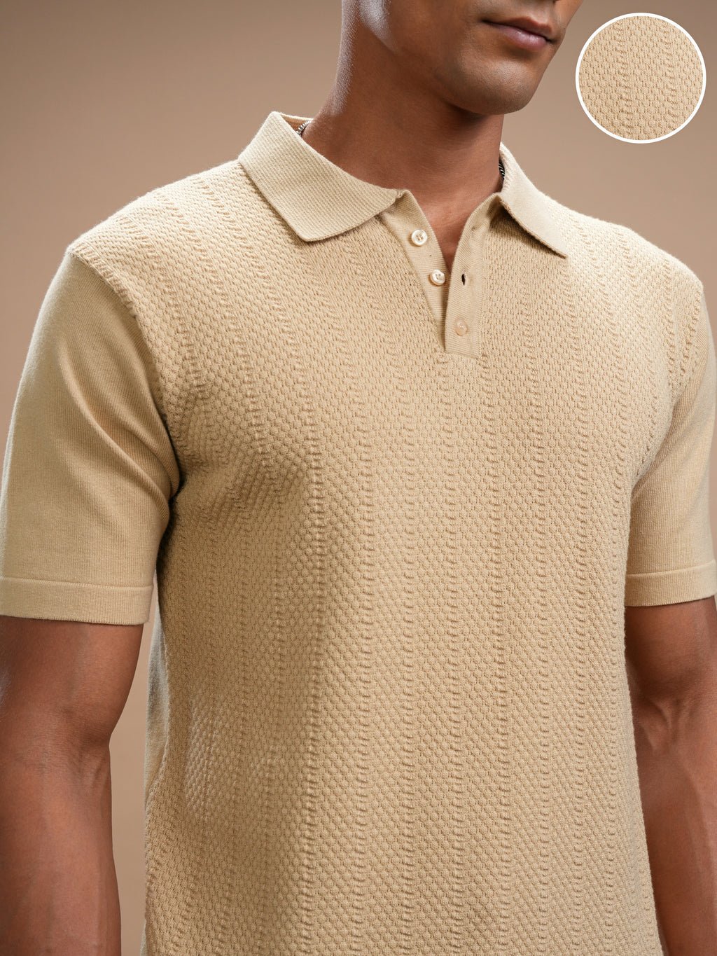 Highlander Men Beige Self Design Polo Collar T-Shirt - Beige - Image 5