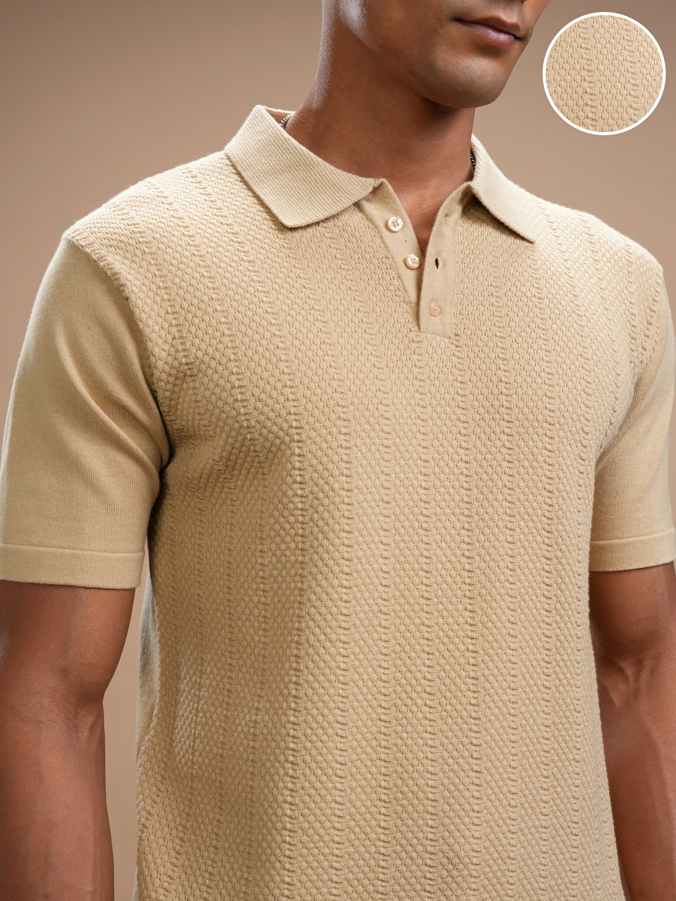 Highlander Men Beige Self Design Polo Collar T-Shirt - Beige - Image 5