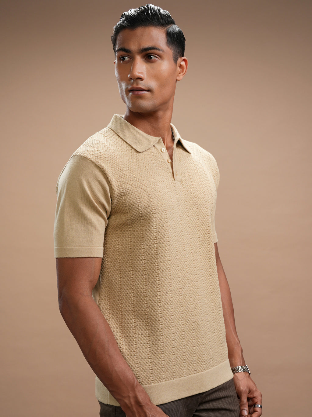 Highlander Men Beige Self Design Polo Collar T-Shirt - Beige - Image 6