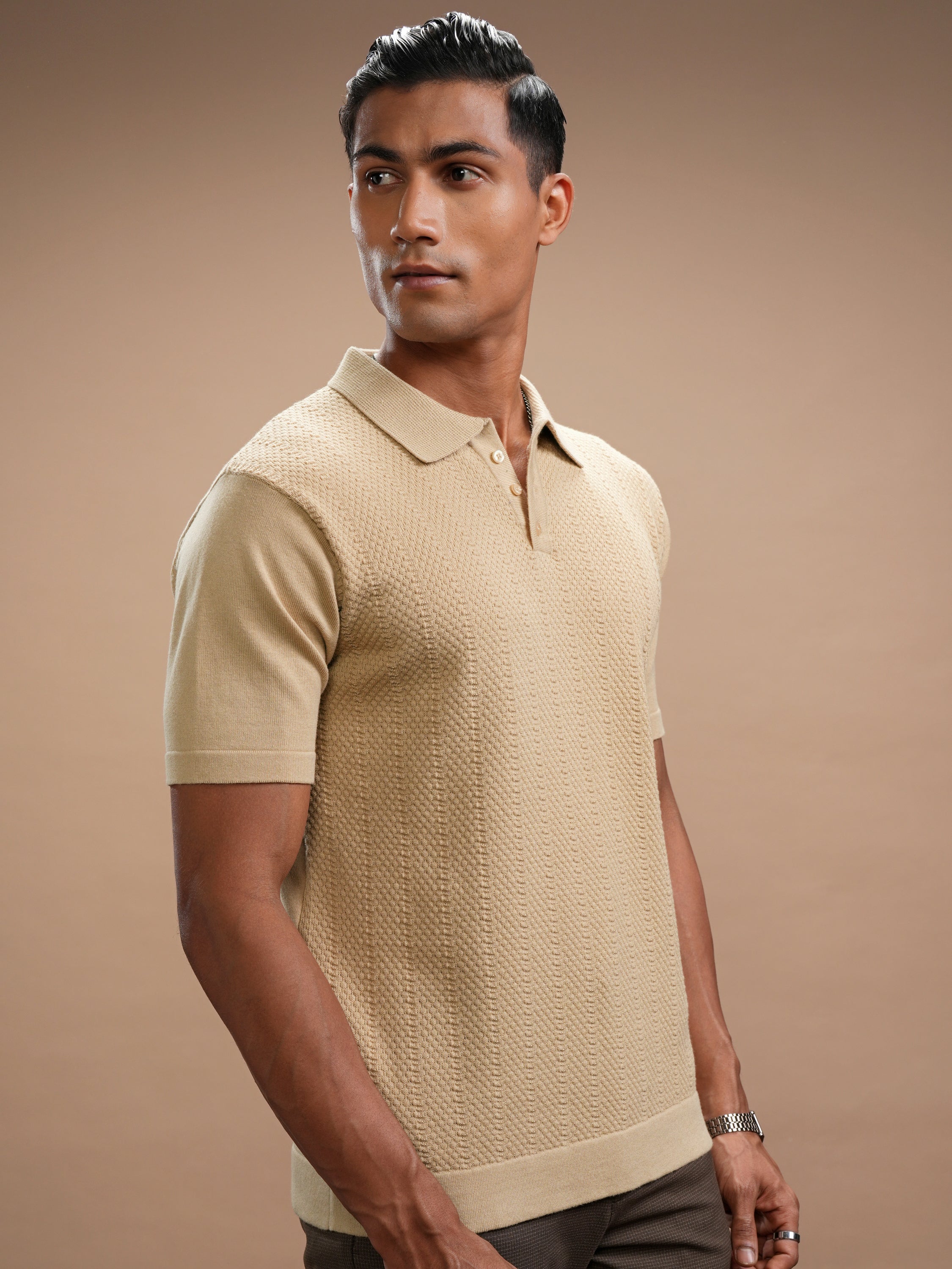 Highlander Men Beige Self Design Polo Collar T-Shirt - Beige - Image 6