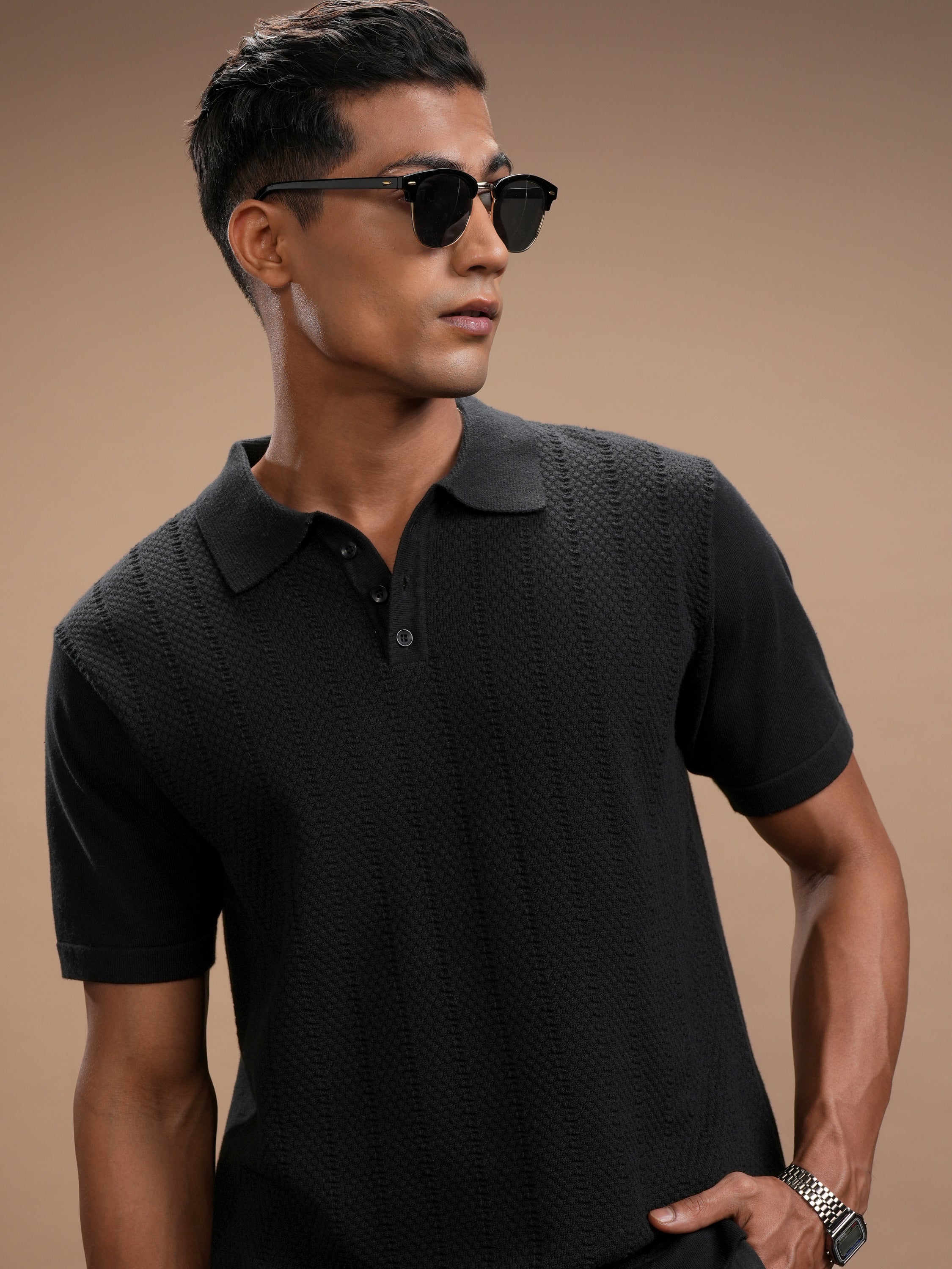 Highlander Men Black Self Design Polo Collar T-Shirt - Black - Image 1