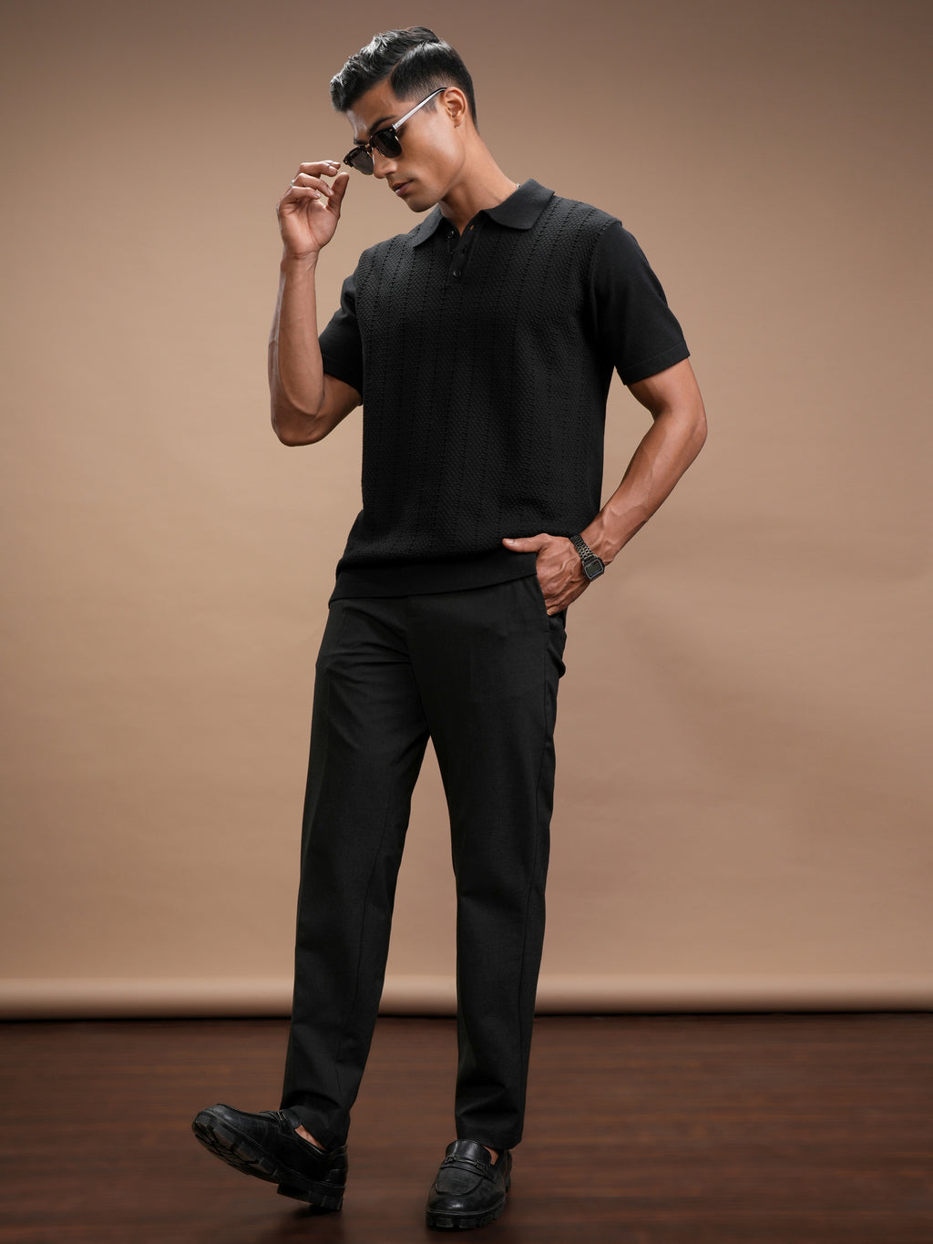 Highlander Men Black Self Design Polo Collar T-Shirt - Black - Image 2