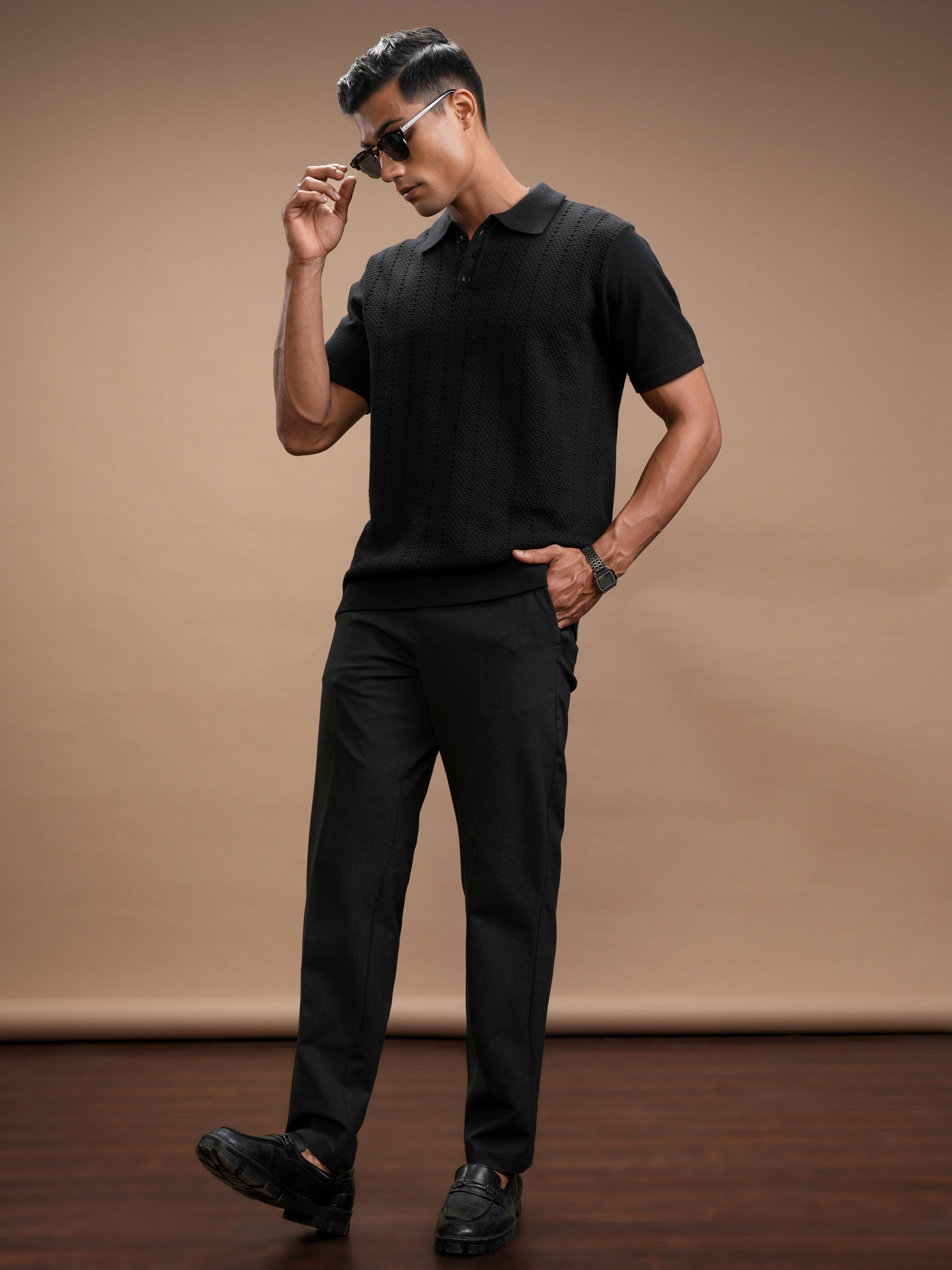 Highlander Men Black Self Design Polo Collar T-Shirt - Black - Image 2