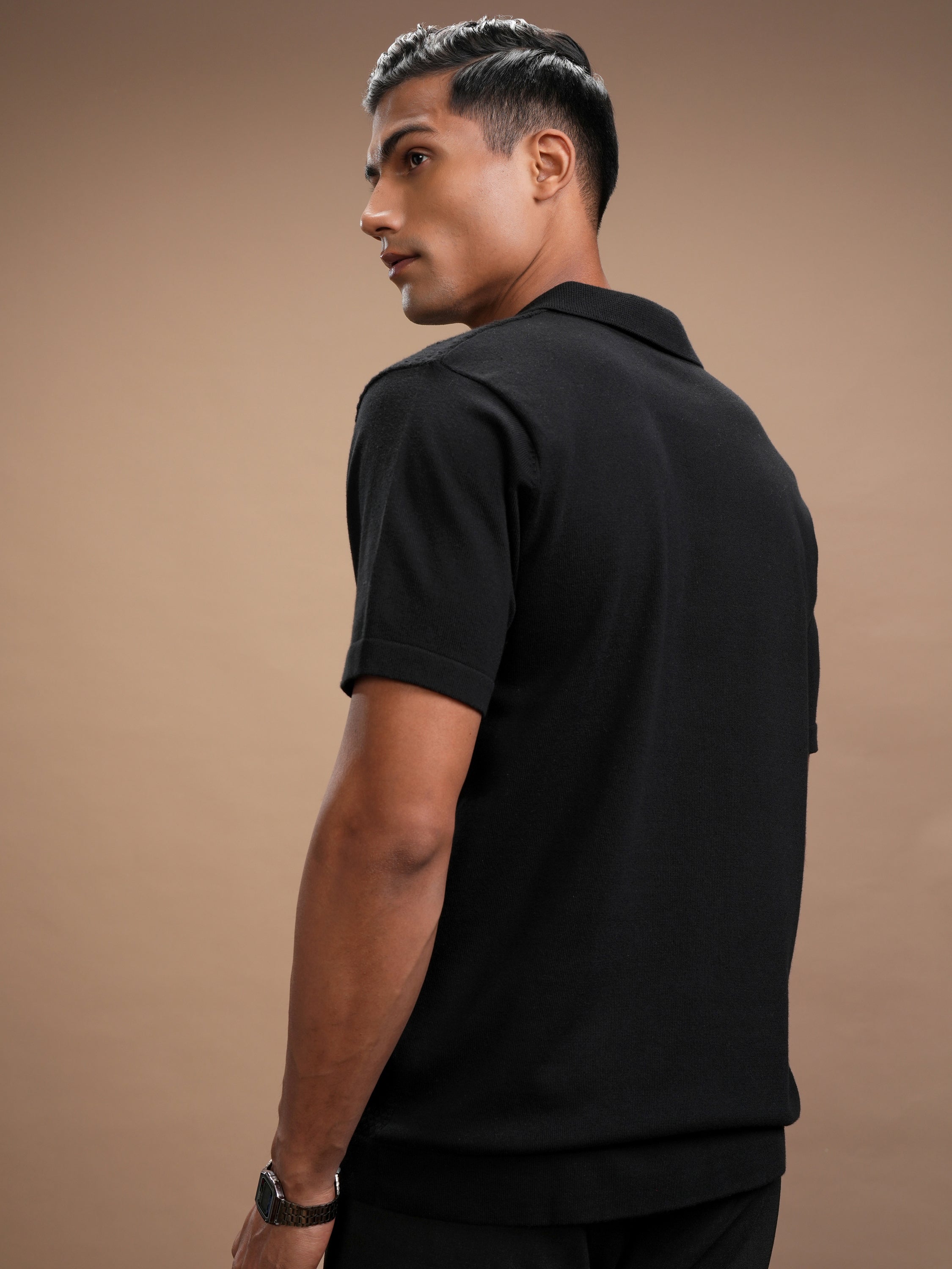 Highlander Men Black Self Design Polo Collar T-Shirt - Black - Image 3