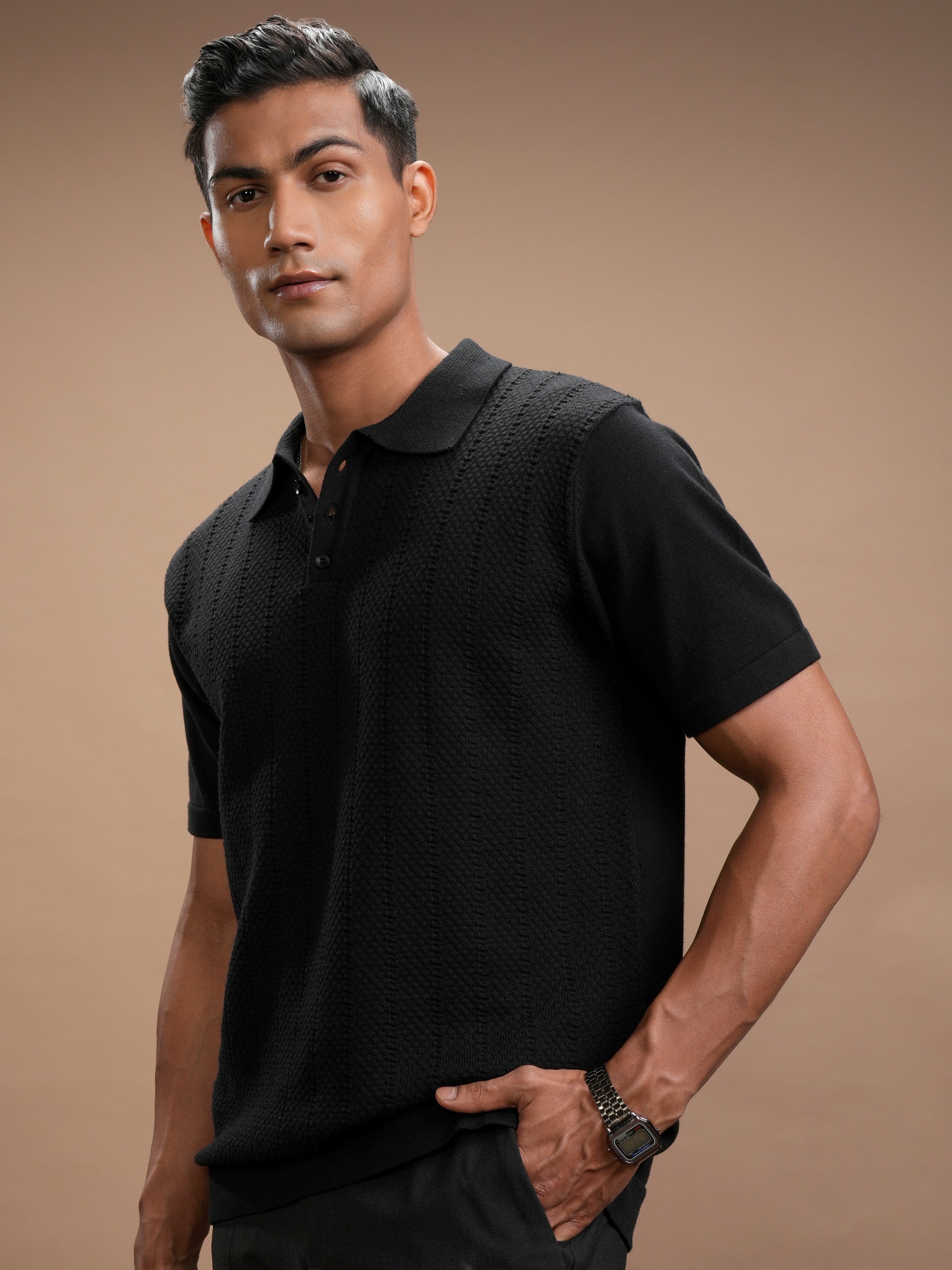 Highlander Men Black Self Design Polo Collar T-Shirt - Black - Image 4