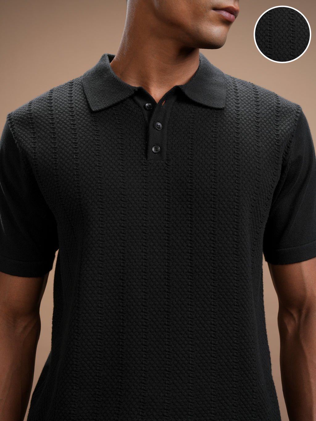 Highlander Men Black Self Design Polo Collar T-Shirt - Black - Image 5