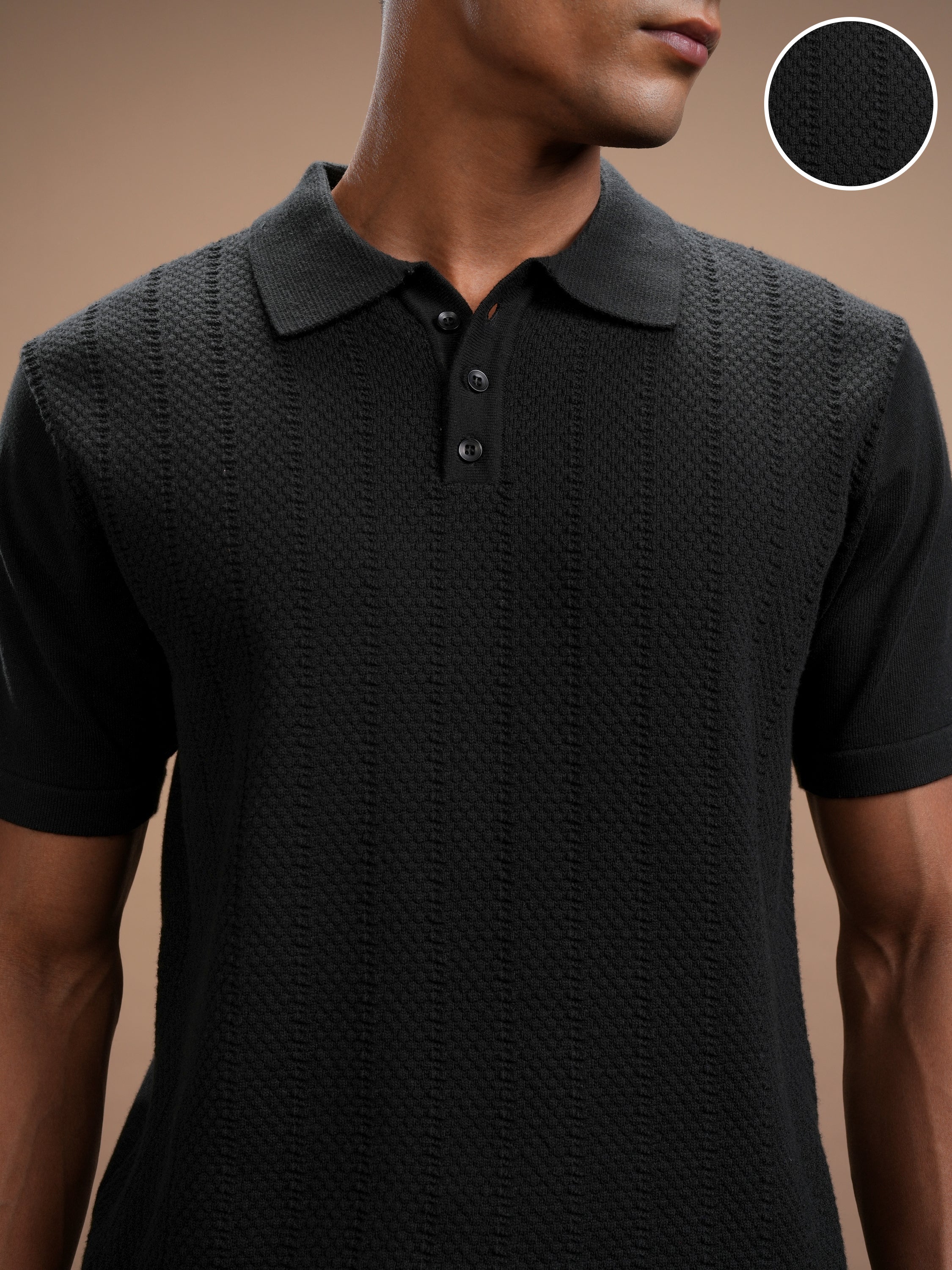 Highlander Men Black Self Design Polo Collar T-Shirt - Black - Image 5