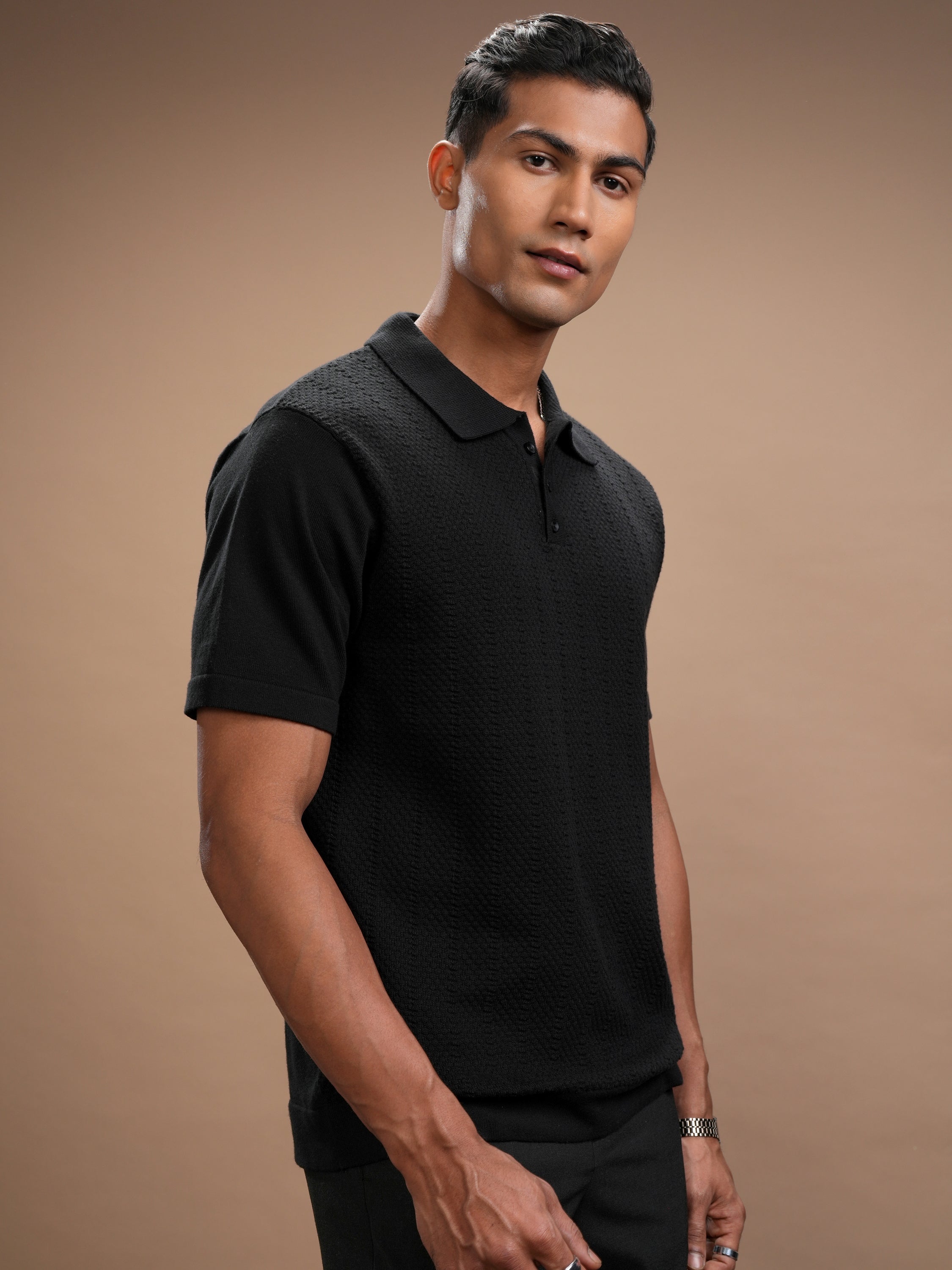 Highlander Men Black Self Design Polo Collar T-Shirt - Black - Image 6