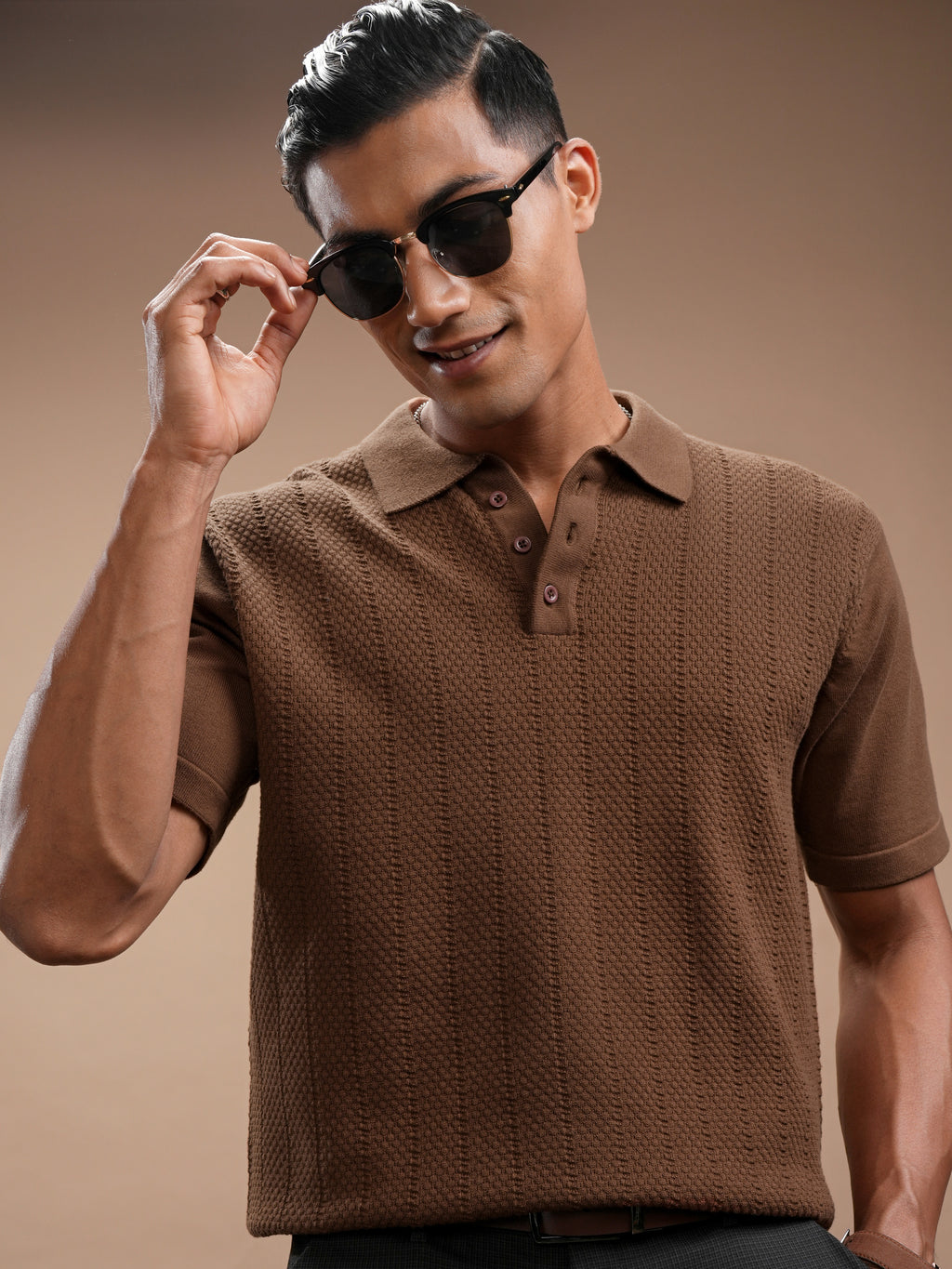 Highlander Men Brown Self Design Polo Collar Regular Fit T-Shirt - Brown - Image 1