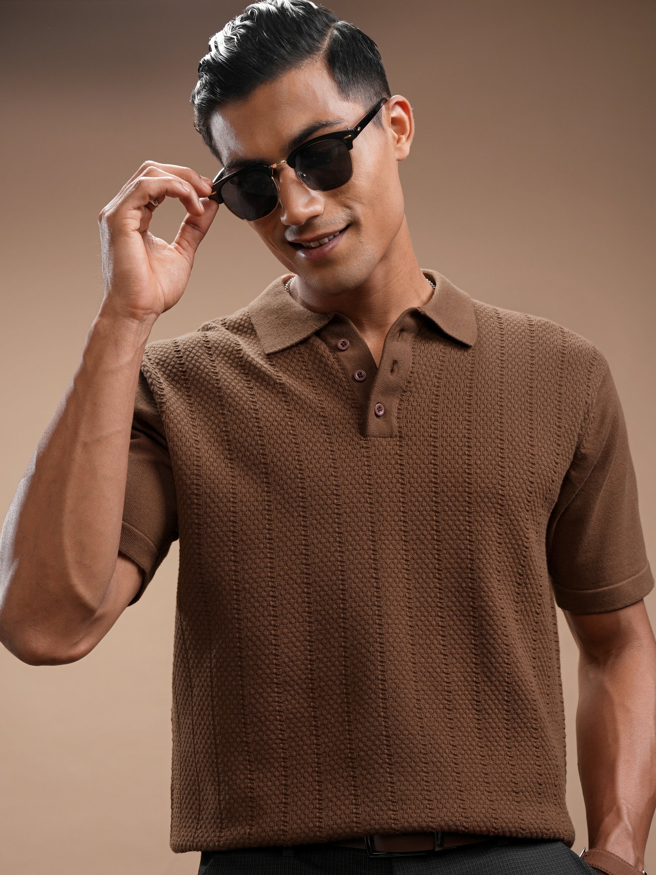 Highlander Men Brown Self Design Polo Collar Regular Fit T-Shirt - Brown - Image 1