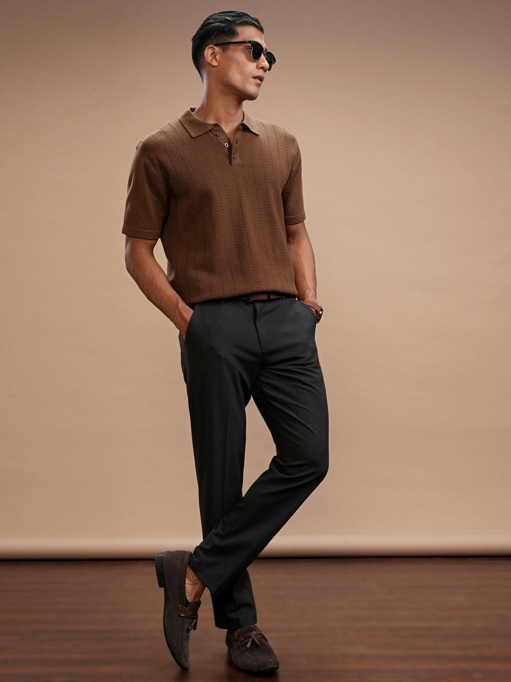 Highlander Men Brown Self Design Polo Collar Regular Fit T-Shirt - Brown - Image 2