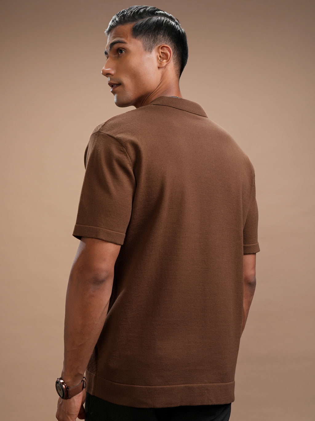 Highlander Men Brown Self Design Polo Collar Regular Fit T-Shirt - Brown - Image 3