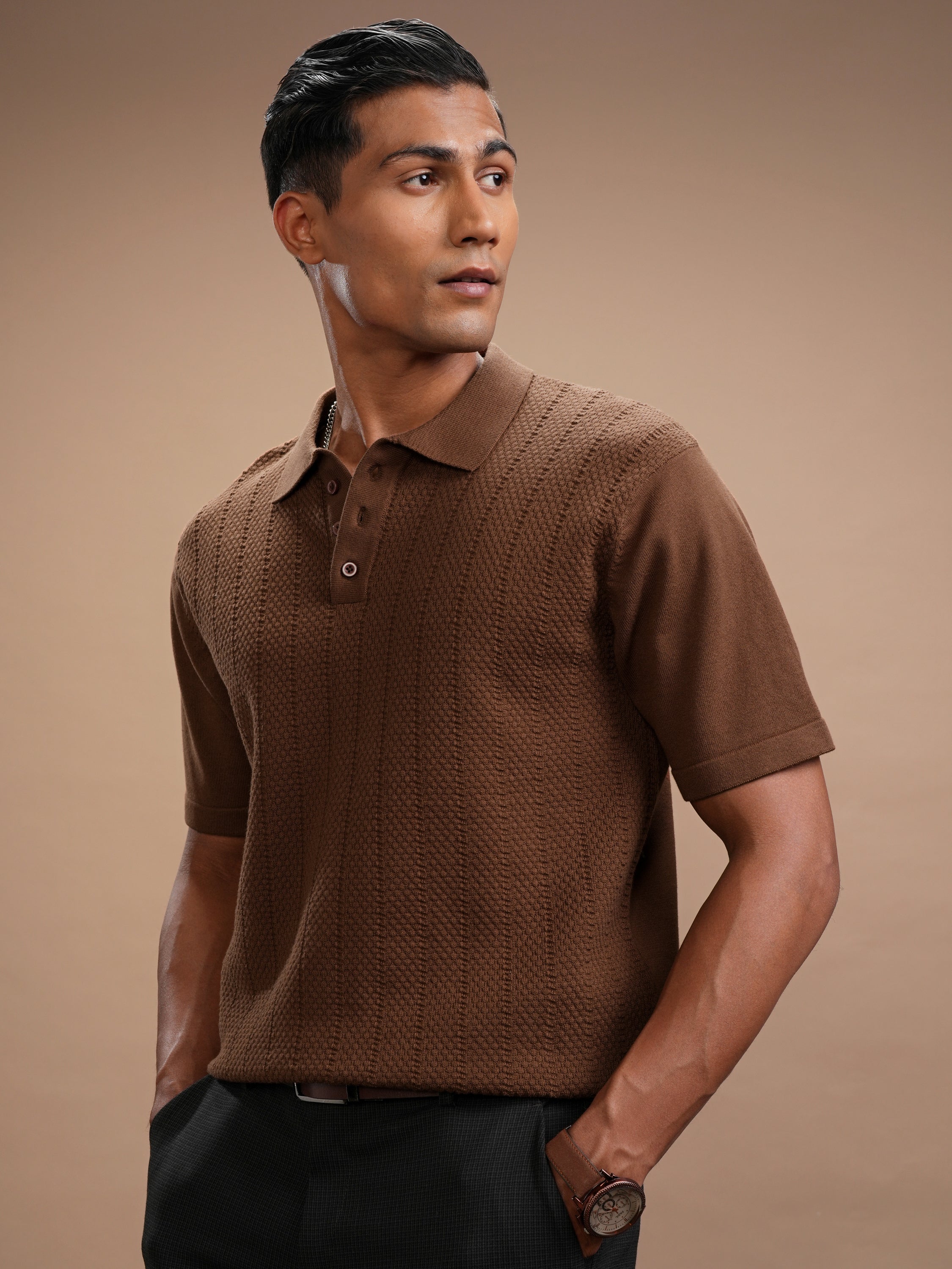 Highlander Men Brown Self Design Polo Collar Regular Fit T-Shirt - Brown - Image 4