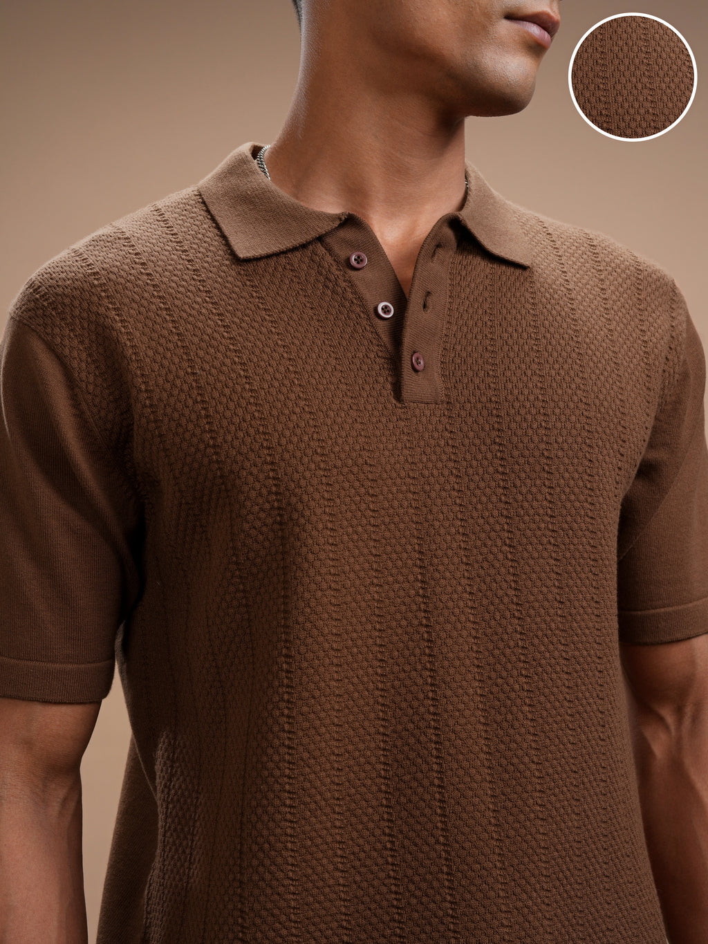 Highlander Men Brown Self Design Polo Collar Regular Fit T-Shirt - Brown - Image 5