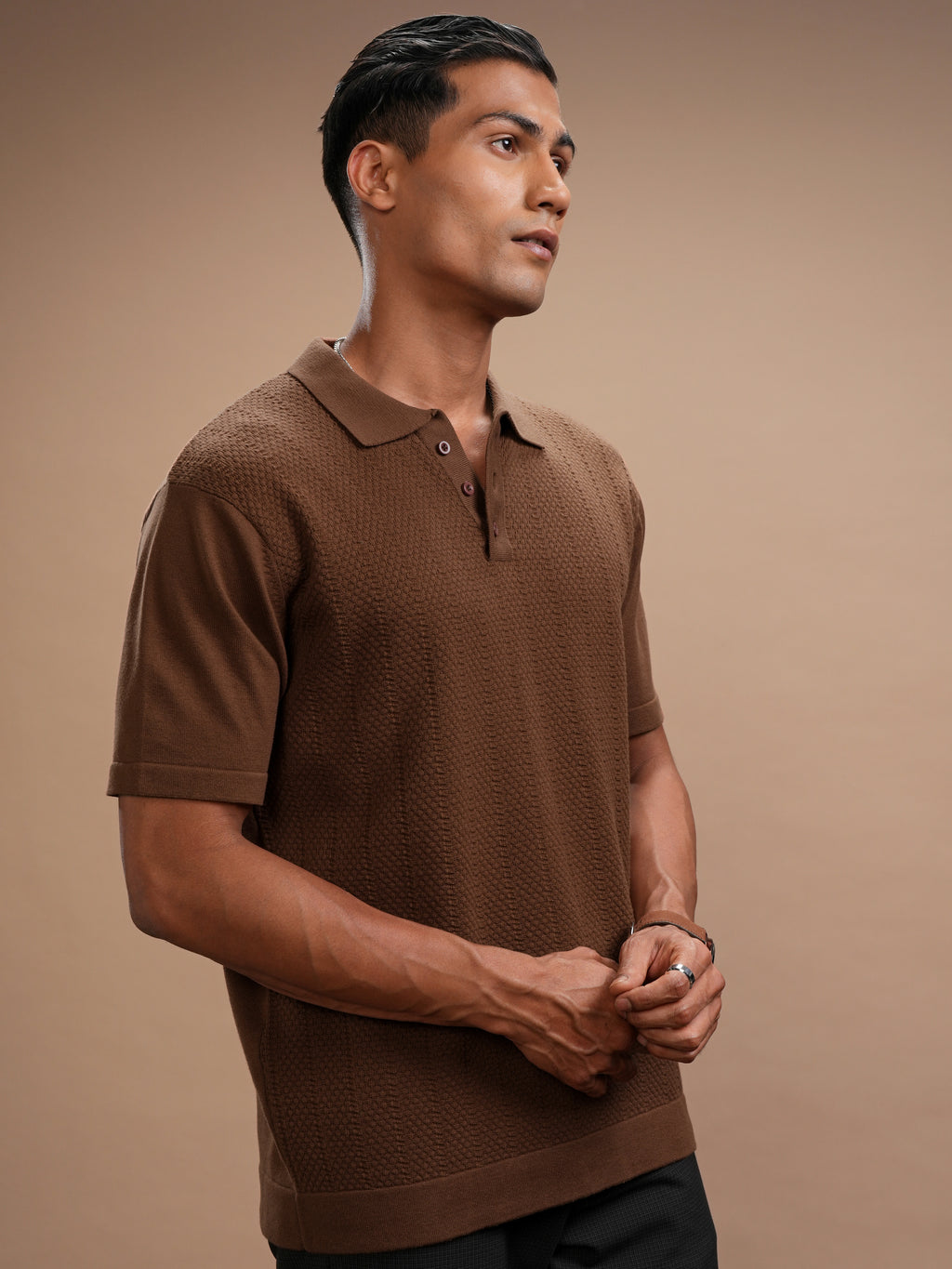 Highlander Men Brown Self Design Polo Collar Regular Fit T-Shirt - Brown - Image 6