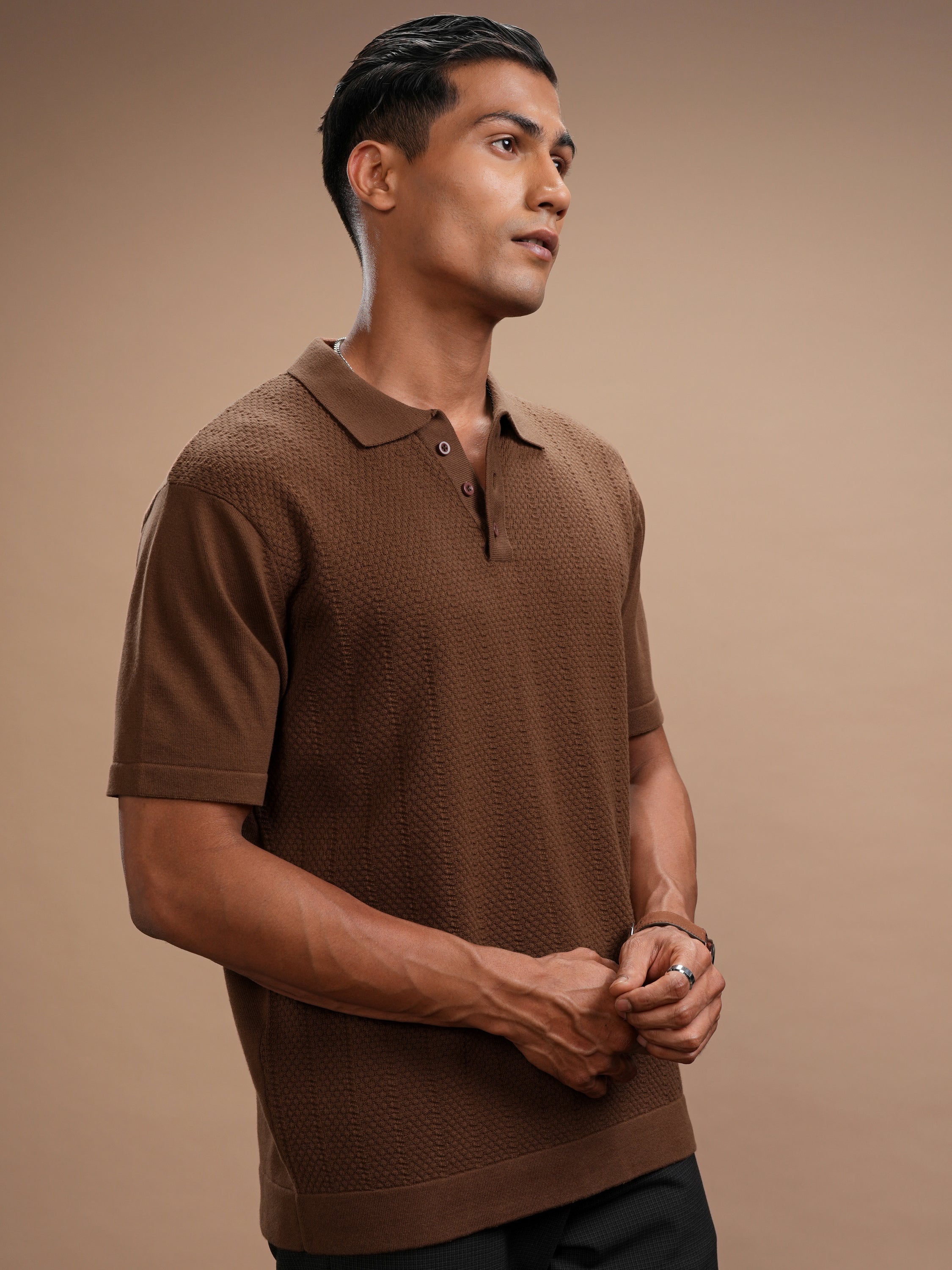 Highlander Men Brown Self Design Polo Collar Regular Fit T-Shirt - Brown - Image 6