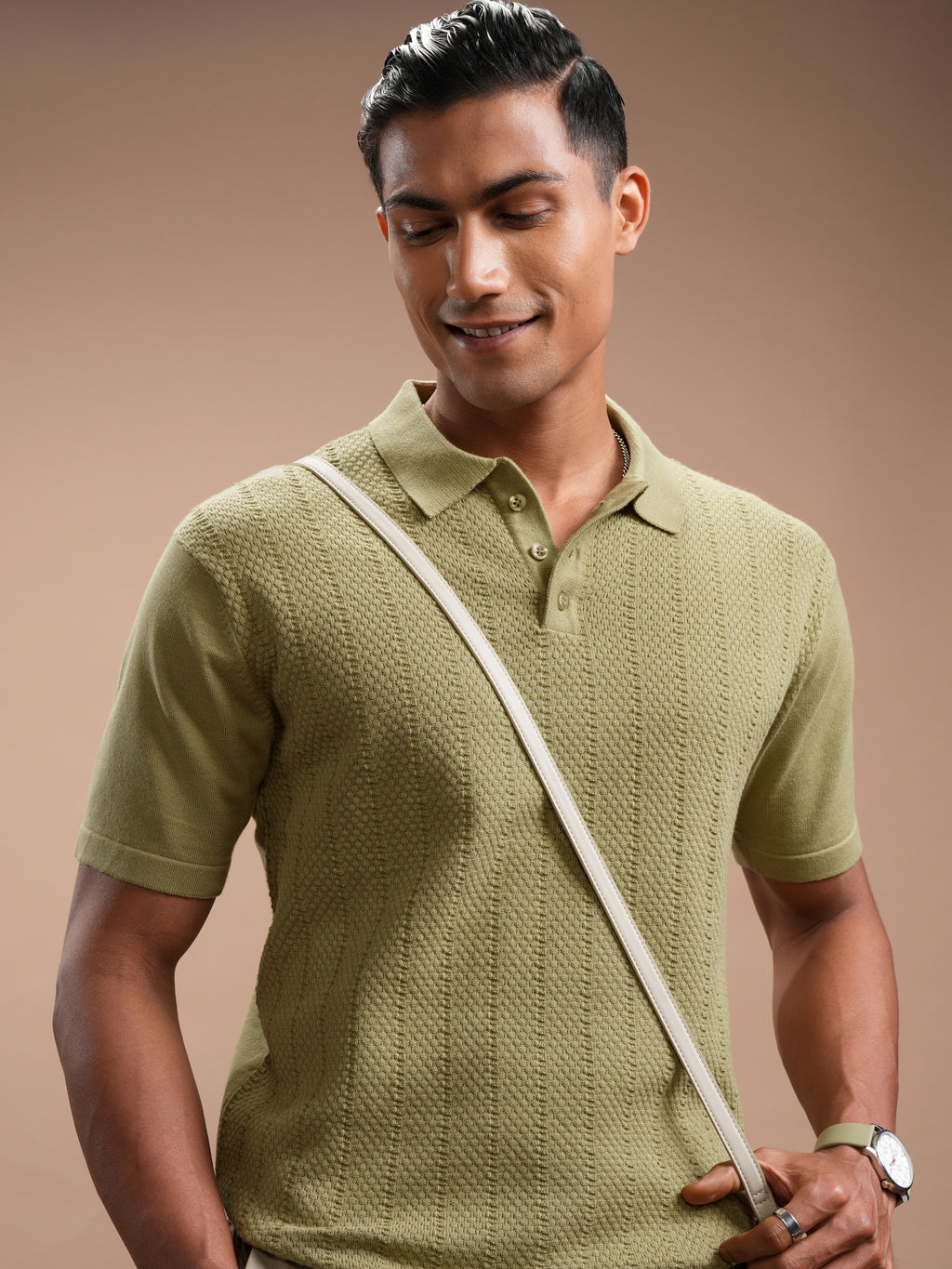 Highlander Men Green Self Design Polo Collar Regular Fit T-Shirt - Green - Image 1