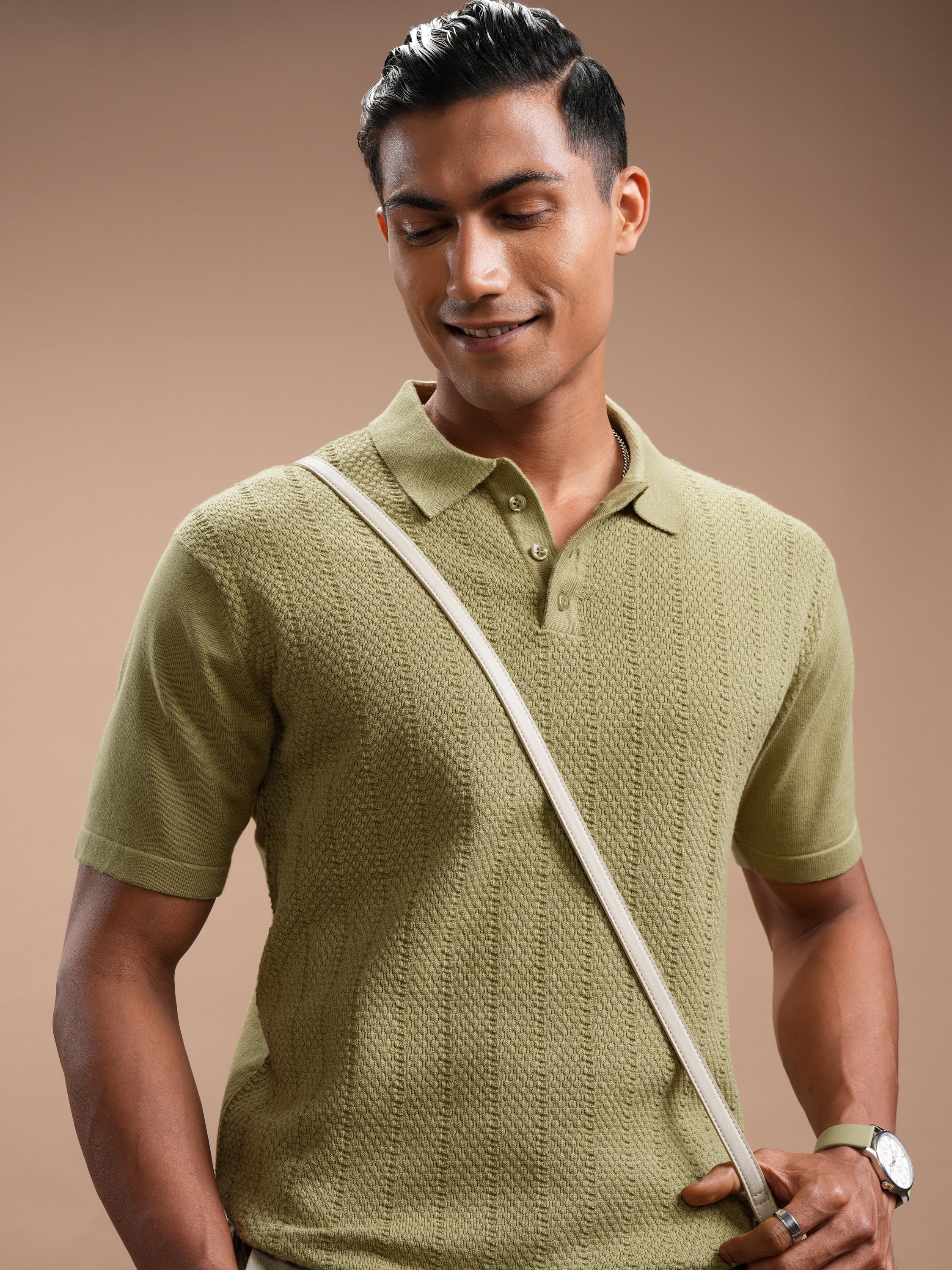 Highlander Men Green Self Design Polo Collar Regular Fit T-Shirt - Green - Image 1