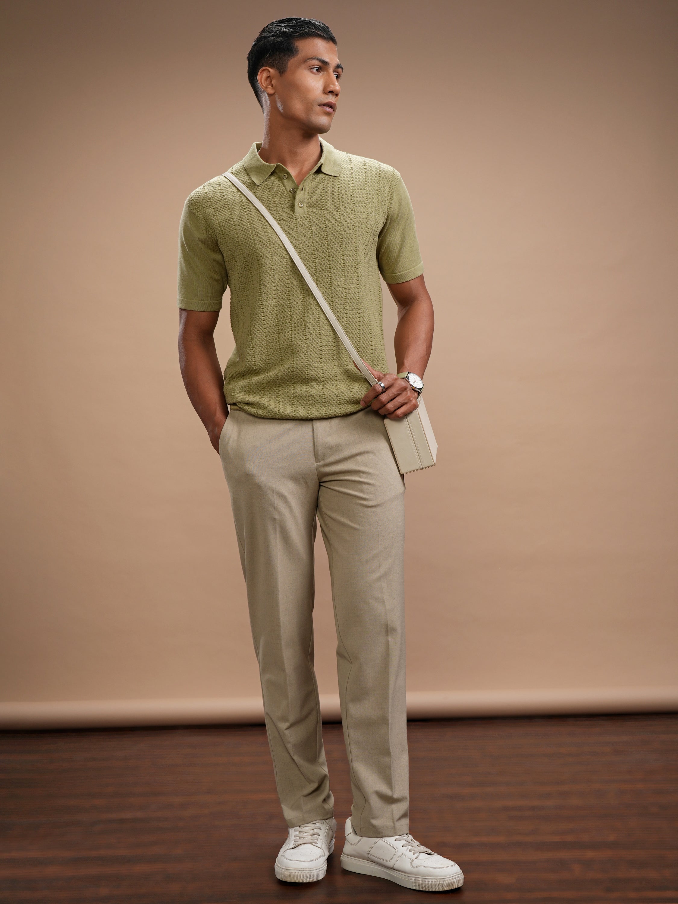 Highlander Men Green Self Design Polo Collar Regular Fit T-Shirt - Green - Image 2