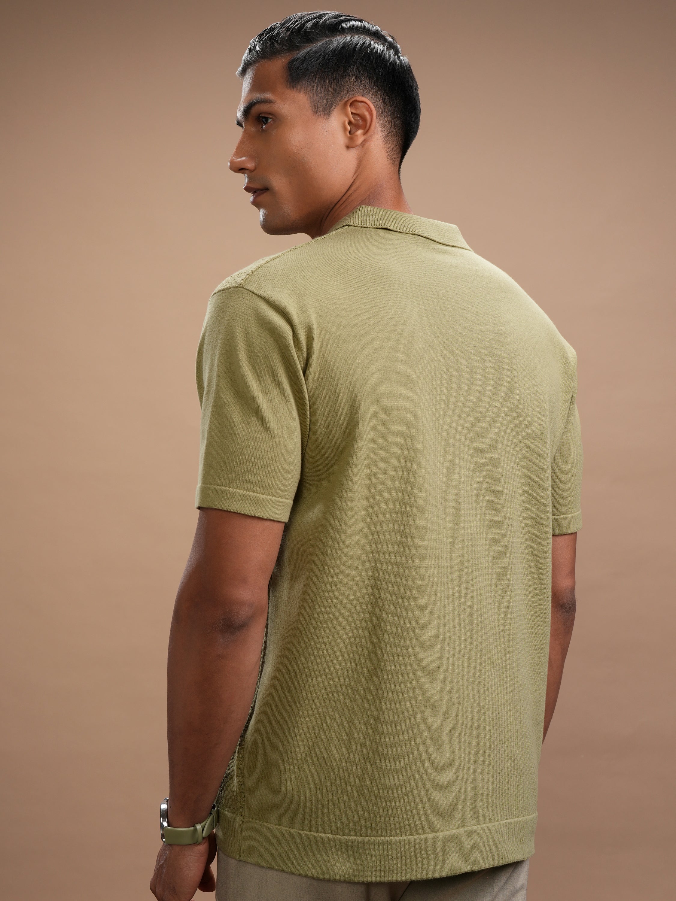 Highlander Men Green Self Design Polo Collar Regular Fit T-Shirt - Green - Image 3