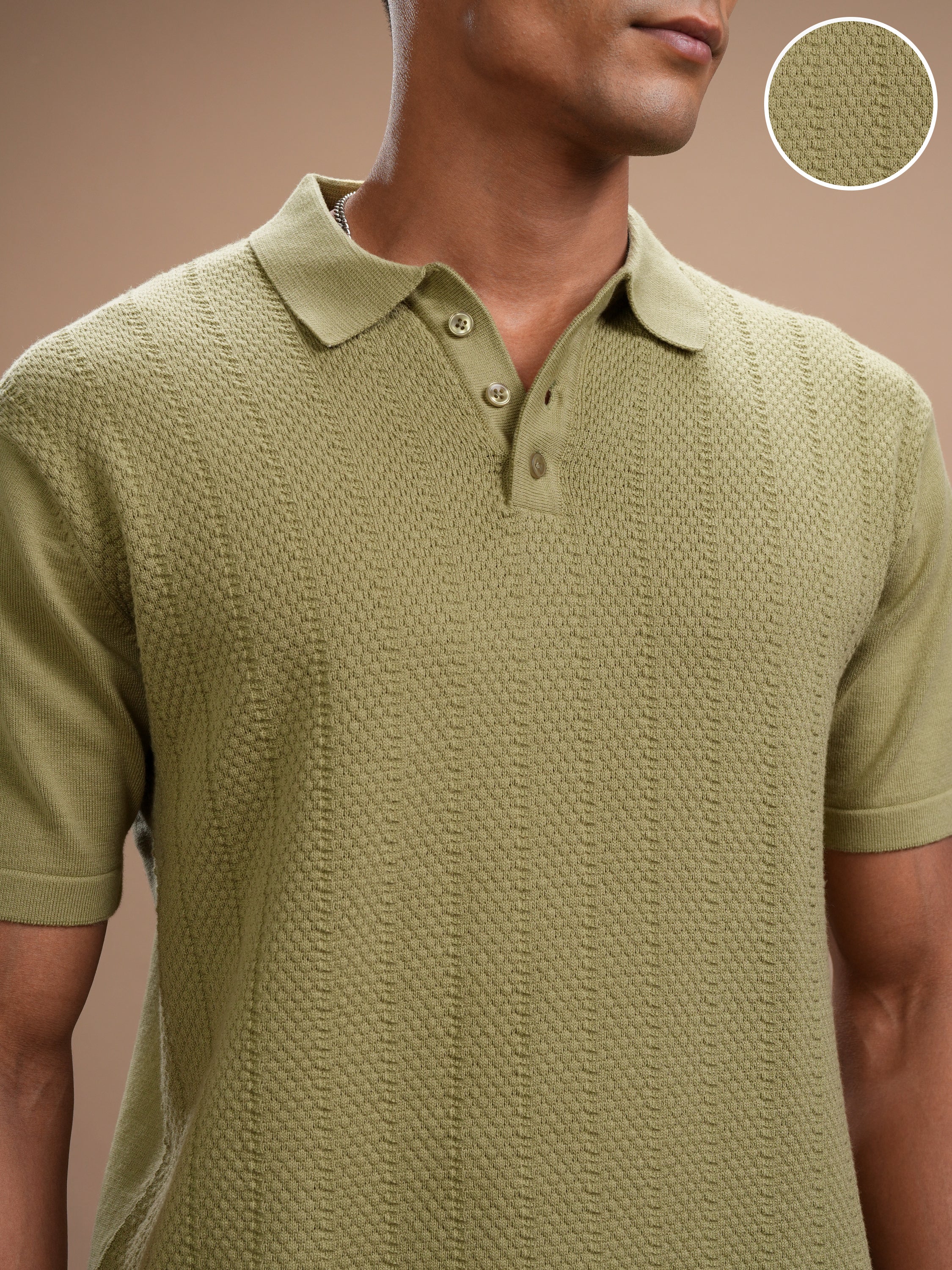 Highlander Men Green Self Design Polo Collar Regular Fit T-Shirt - Green - Image 5