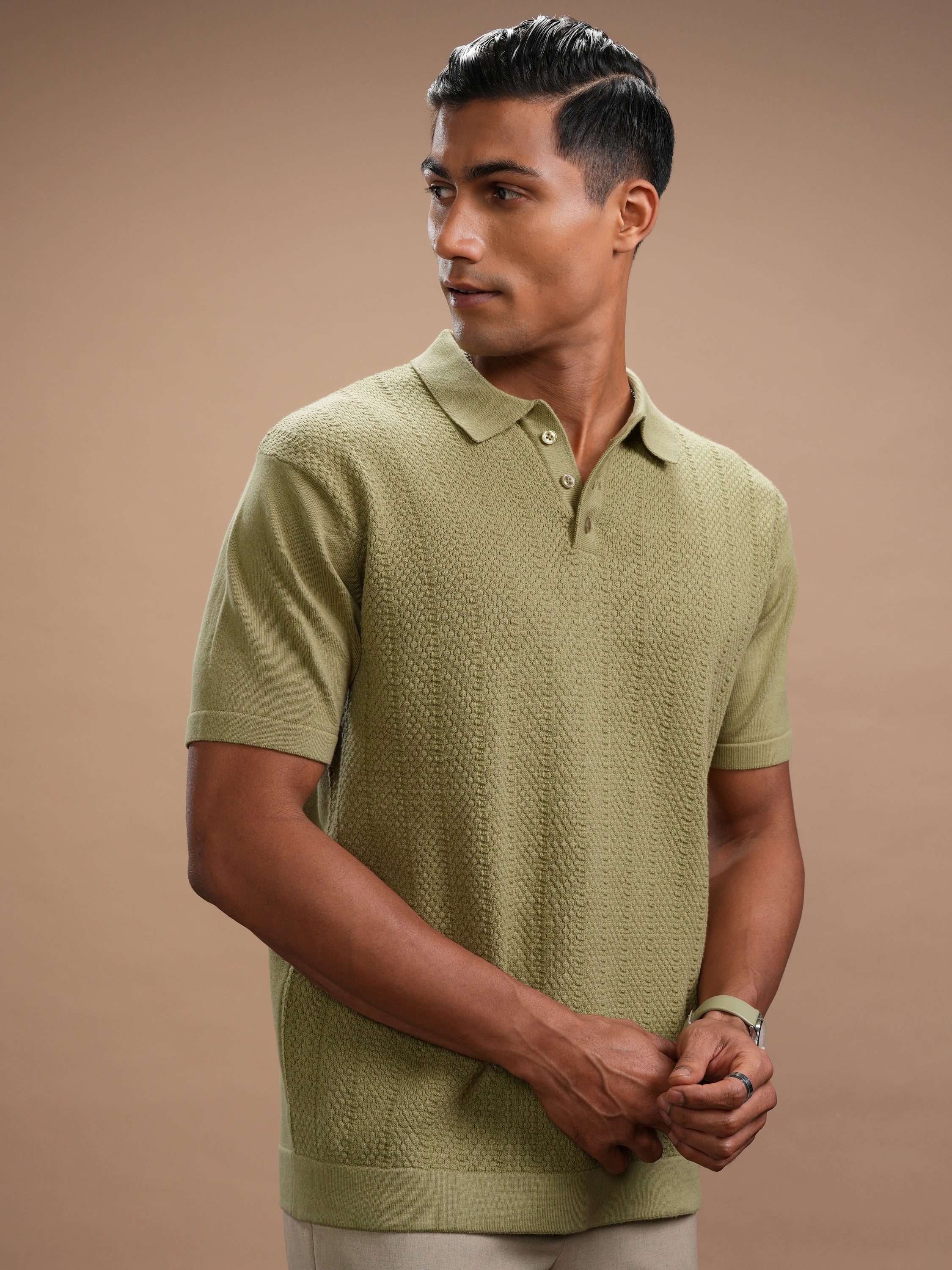 Highlander Men Green Self Design Polo Collar Regular Fit T-Shirt - Green - Image 6
