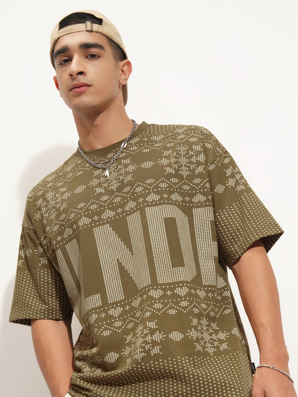 Highlander Men Olive Printed Round Neck Oversized Fit T-Shirt - Olive - Image 1