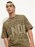 Highlander Men Olive Printed Round Neck Oversized Fit T-Shirt - Olive - Image 1