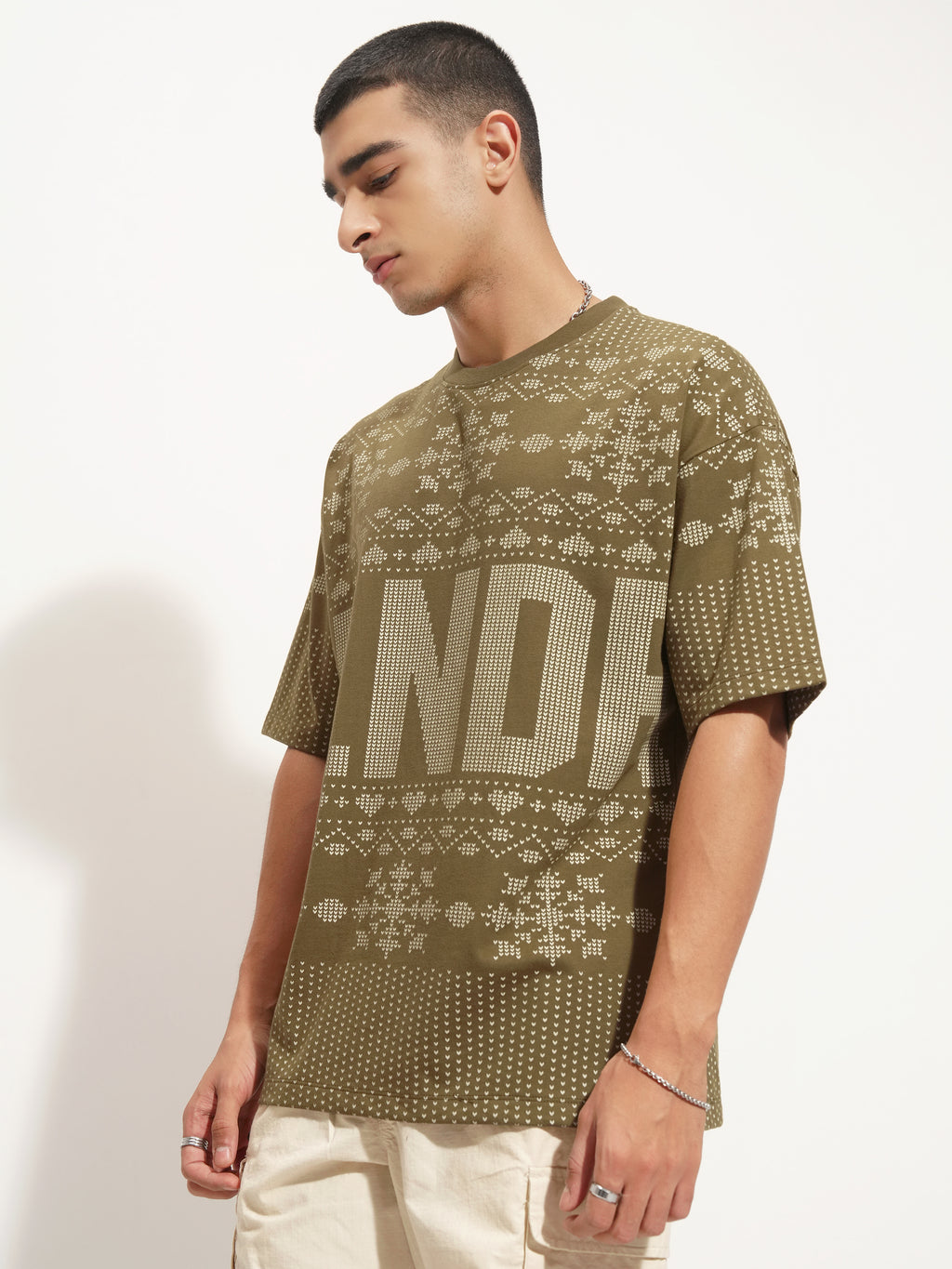 Highlander Men Olive Printed Round Neck Oversized Fit T-Shirt - Olive - Image 4