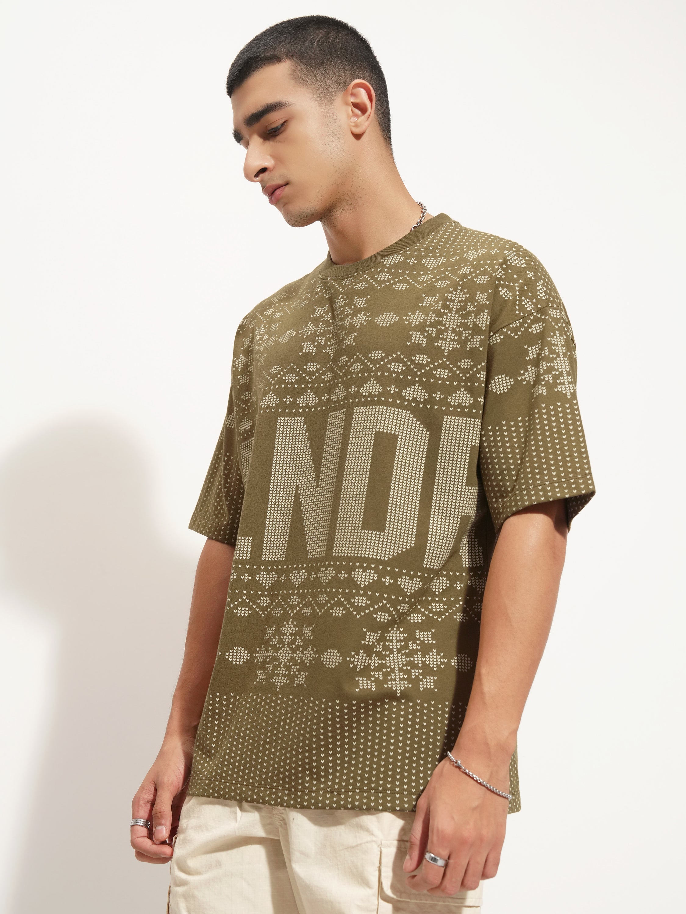 Highlander Men Olive Printed Round Neck Oversized Fit T-Shirt - Olive - Image 4
