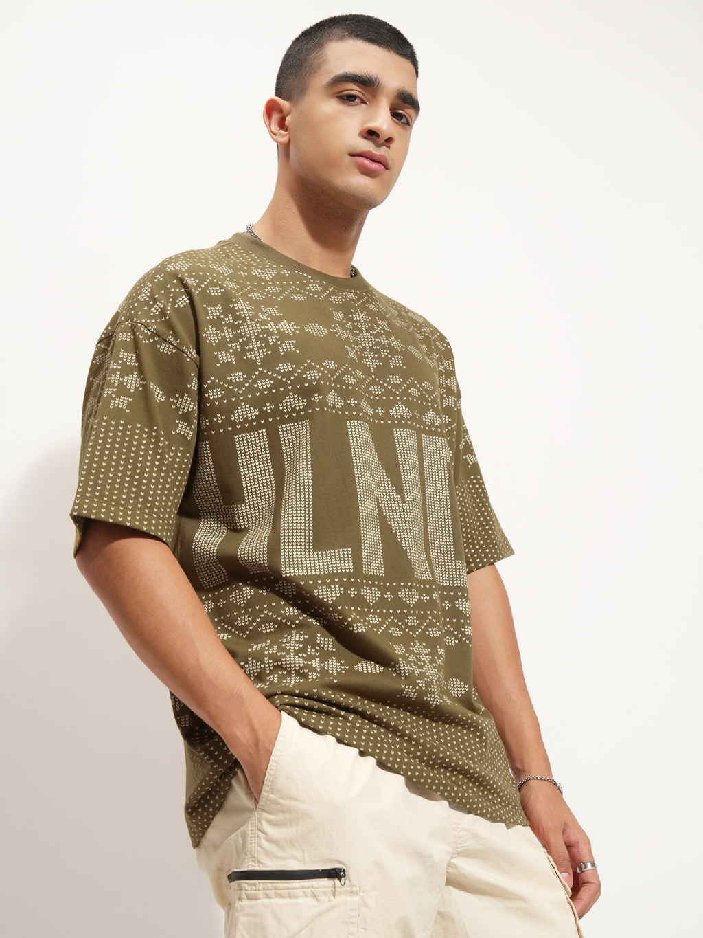 Highlander Men Olive Printed Round Neck Oversized Fit T-Shirt - Olive - Image 6