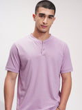 Highlander Men Mauve Self Design Henley Neck Relaxed Fit T-Shirt - Mauve - Image 1