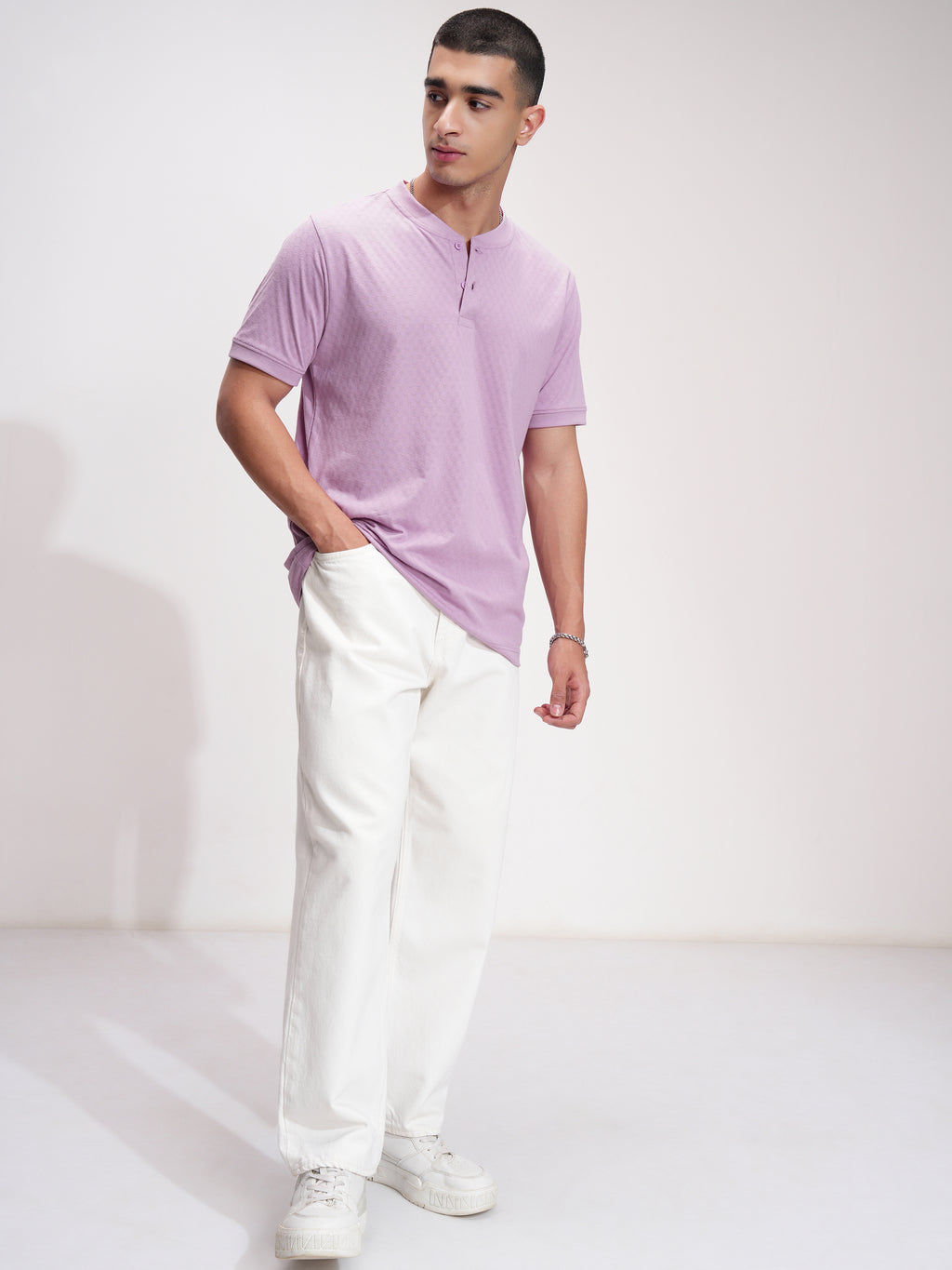 Highlander Men Mauve Self Design Henley Neck Relaxed Fit T-Shirt - Mauve - Image 2