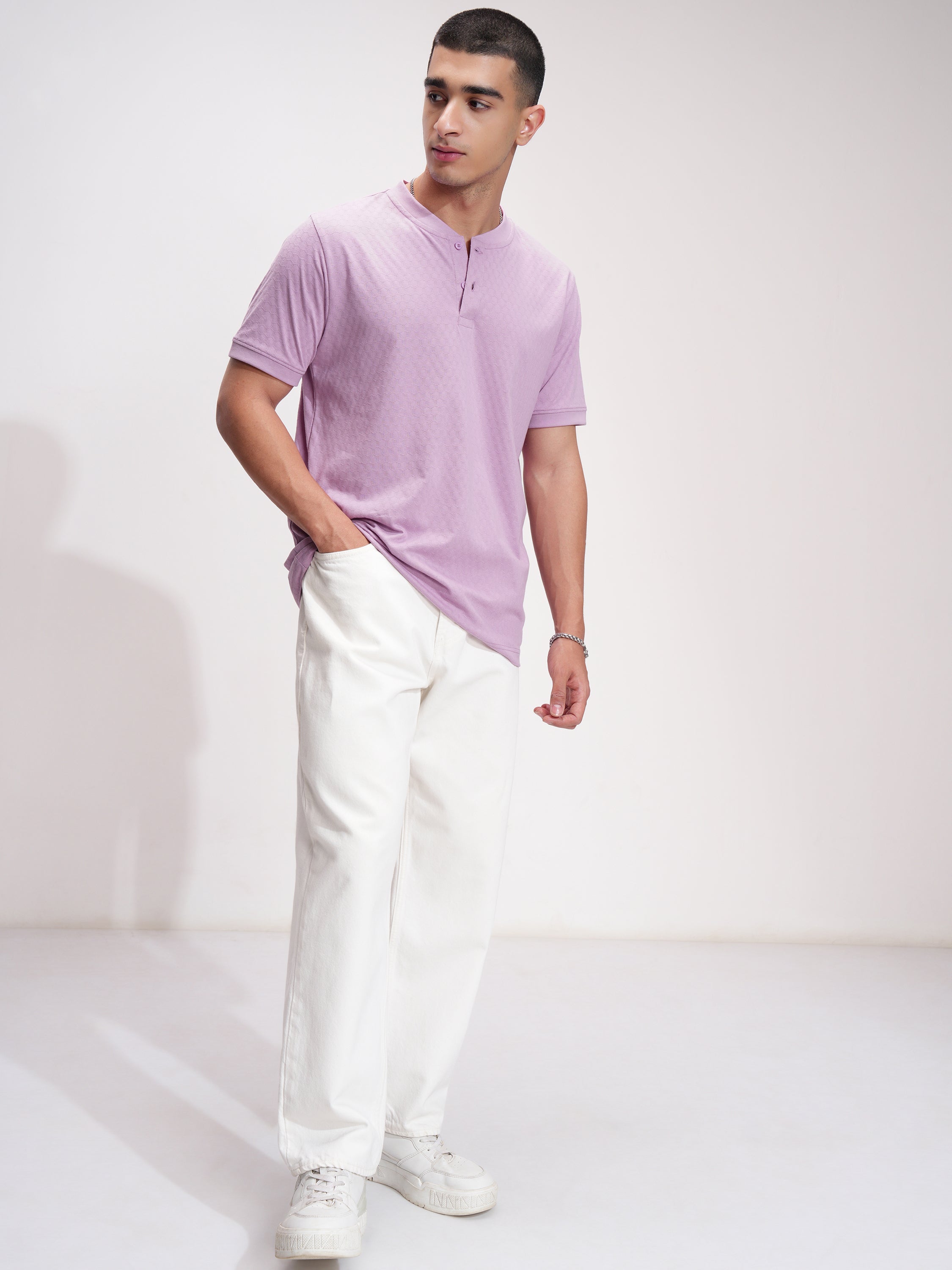 Highlander Men Mauve Self Design Henley Neck Relaxed Fit T-Shirt - Mauve - Image 2