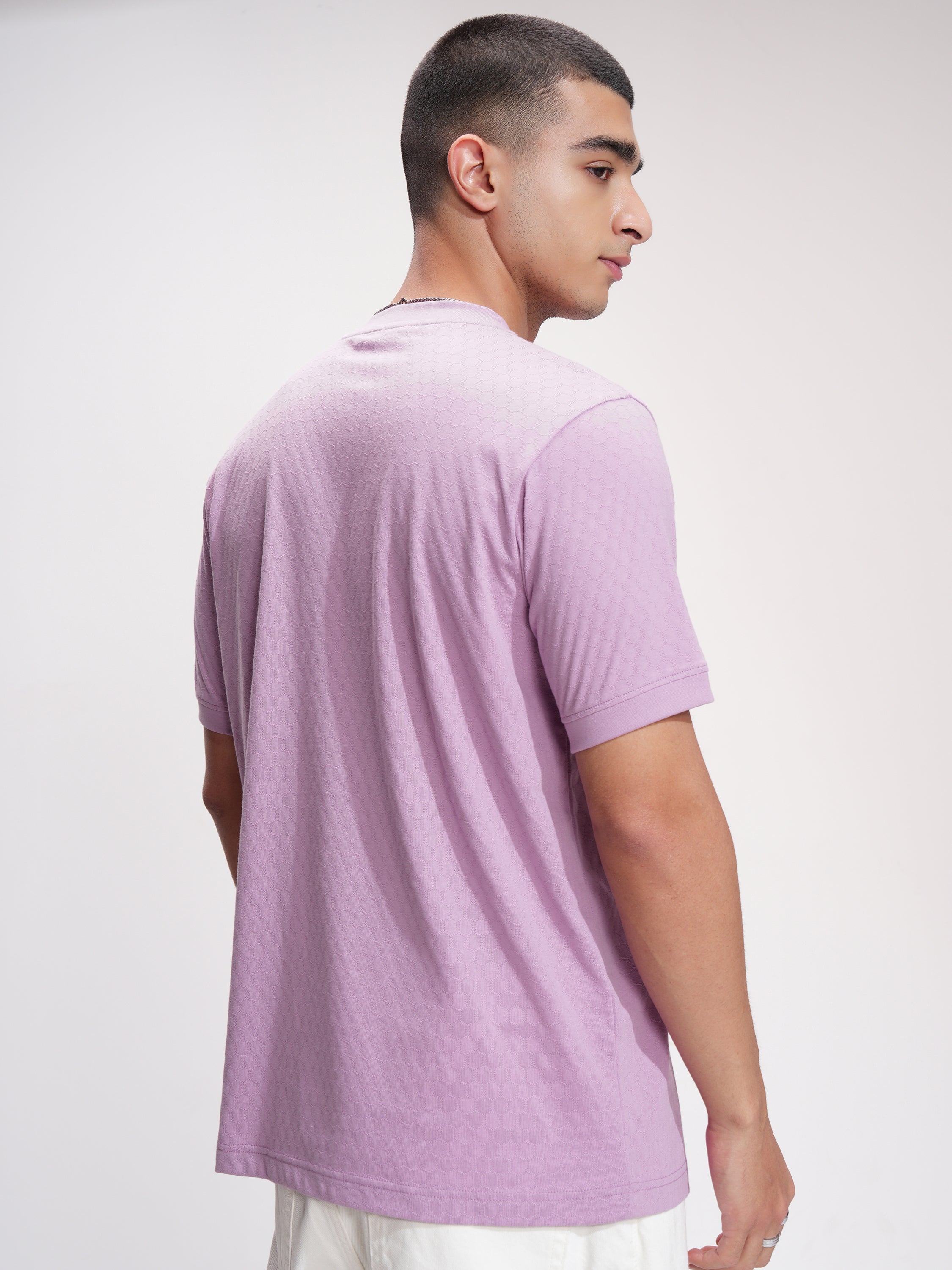 Highlander Men Mauve Self Design Henley Neck Relaxed Fit T-Shirt - Mauve - Image 3