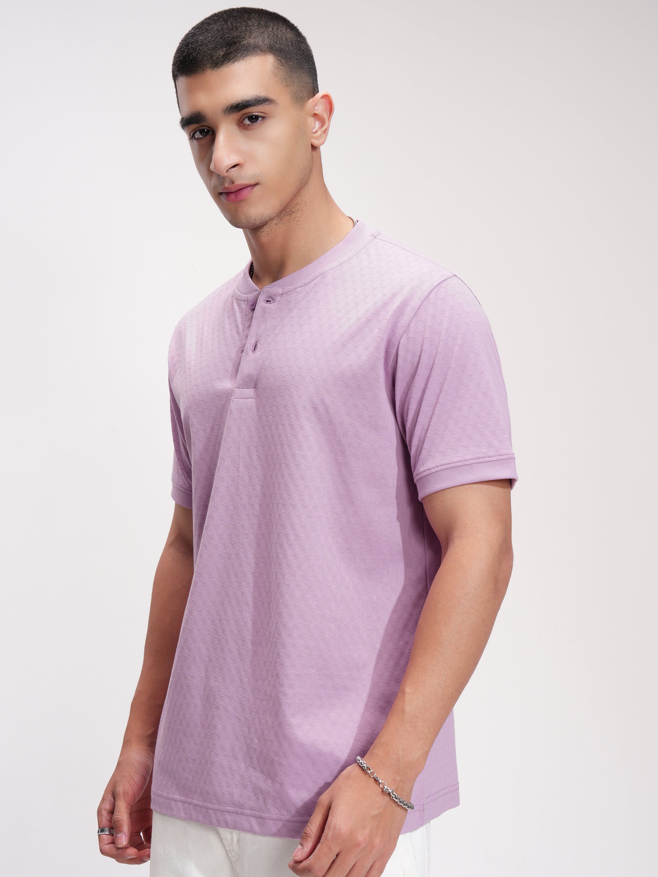 Highlander Men Mauve Self Design Henley Neck Relaxed Fit T-Shirt - Mauve - Image 4