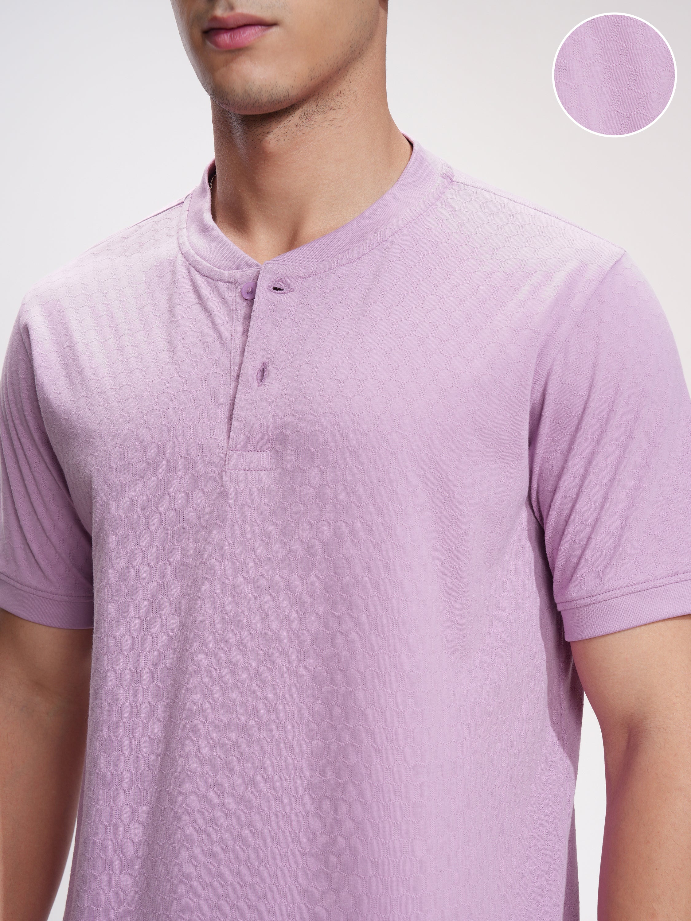 Highlander Men Mauve Self Design Henley Neck Relaxed Fit T-Shirt - Mauve - Image 5