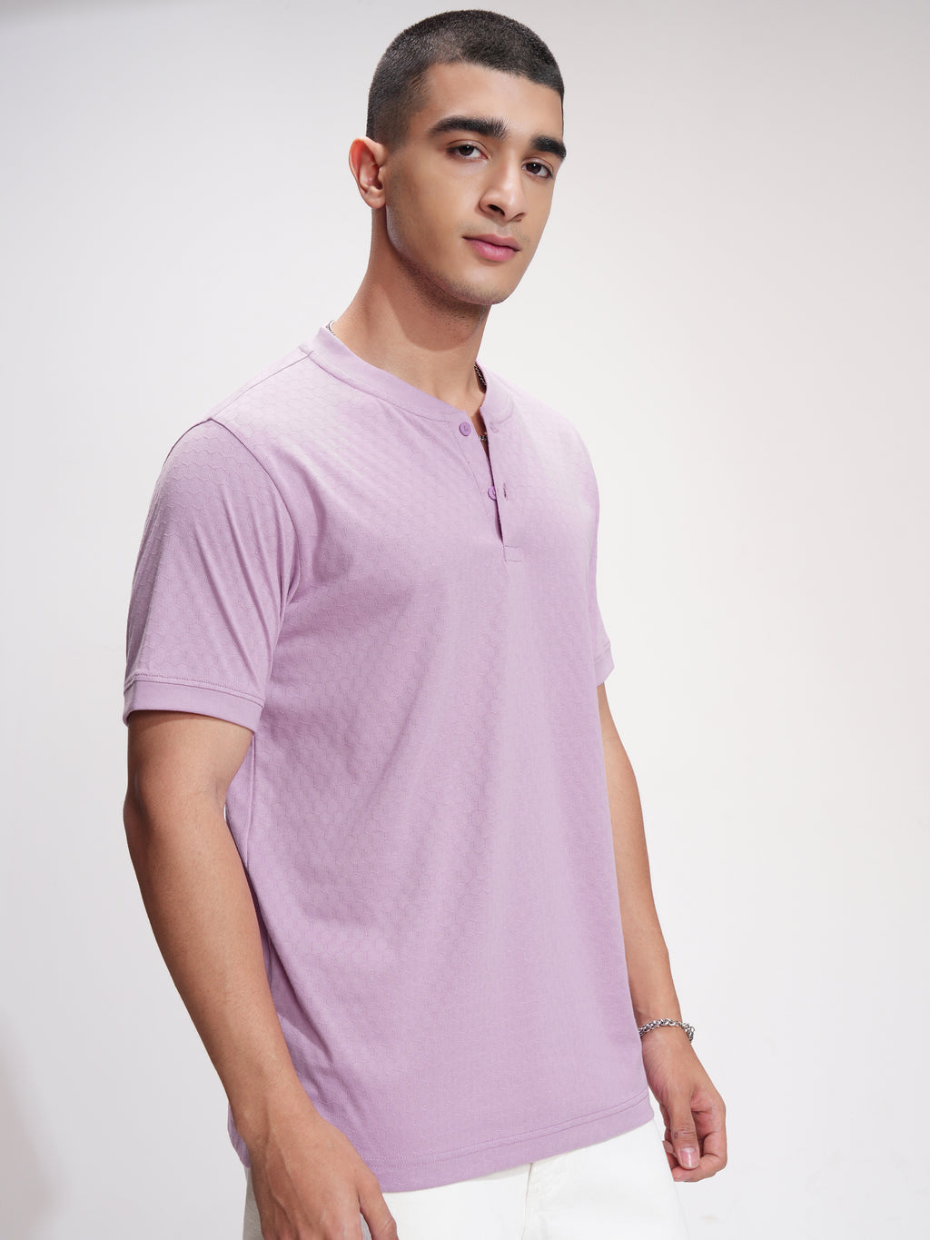 Highlander Men Mauve Self Design Henley Neck Relaxed Fit T-Shirt - Mauve - Image 6