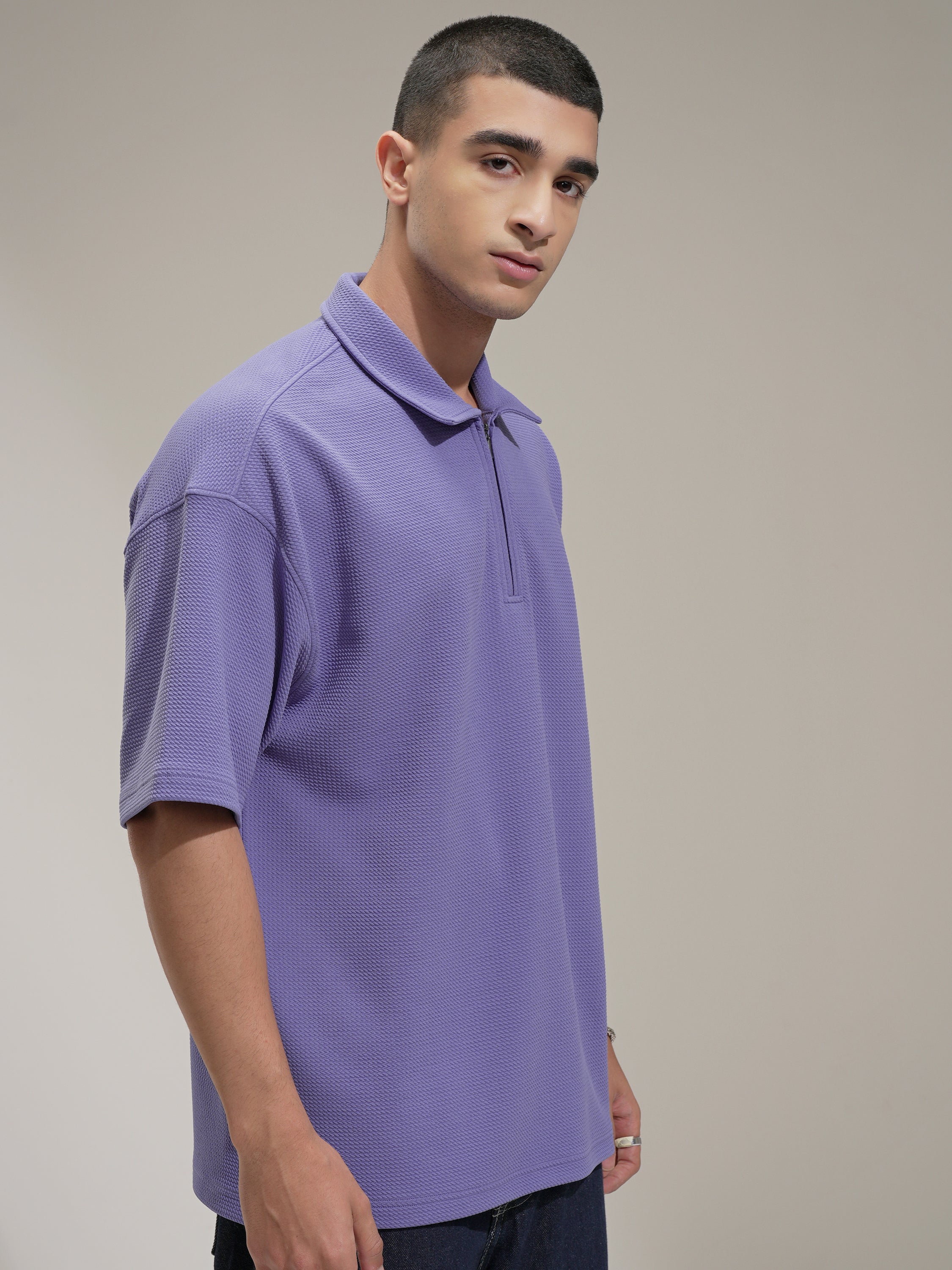 Highlander Men Purple Self Design Polo Collar T-Shirt - Purple - Image 6