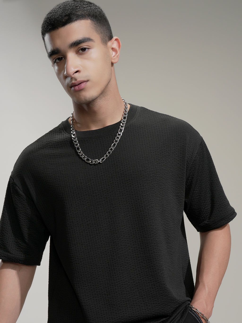 Highlander Men Black Self Design Round Neck Relaxed Fit T-Shirt - Black - Image 1