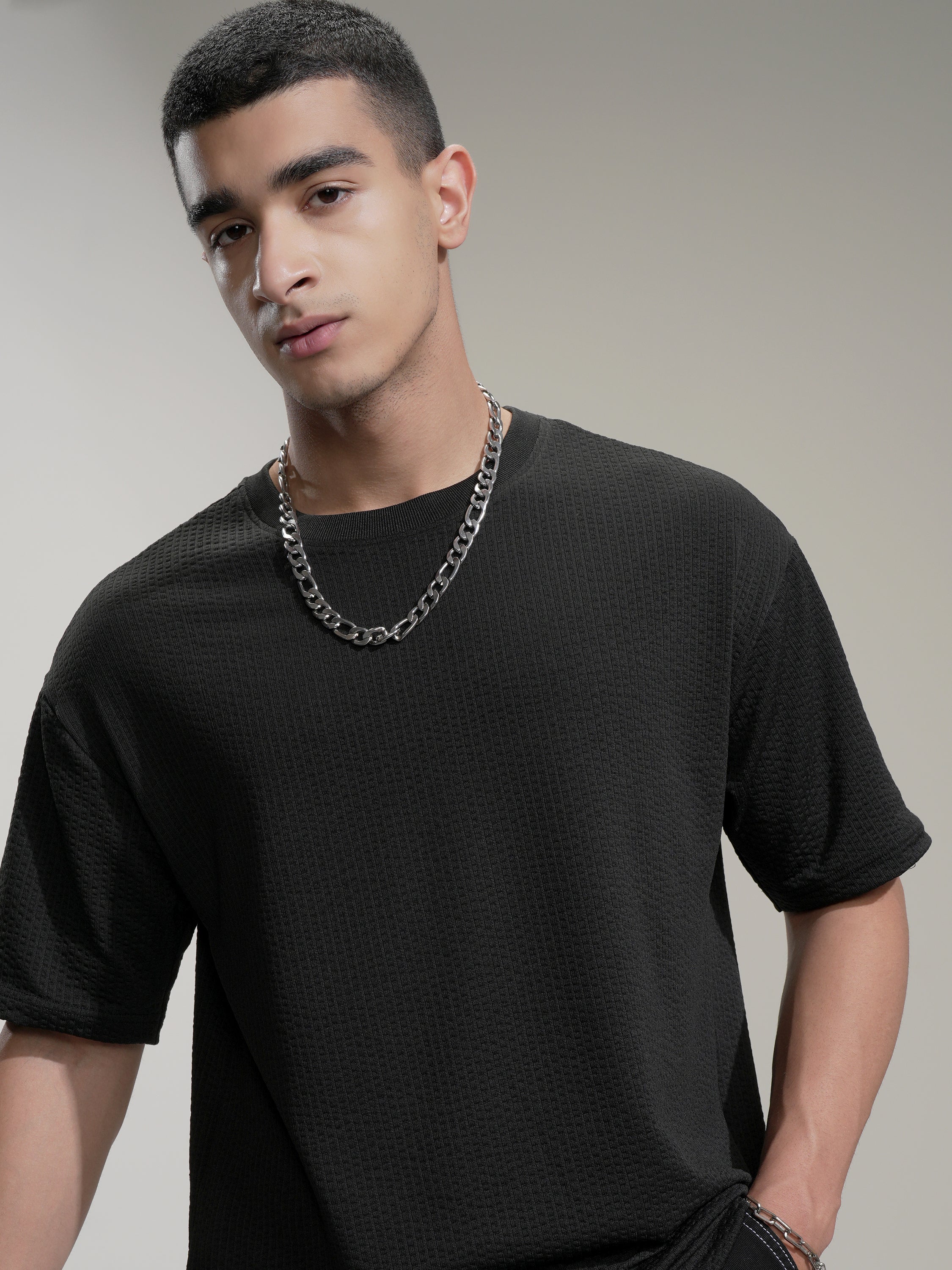 Highlander Men Black Self Design Round Neck Relaxed Fit T-Shirt - Black - Image 1