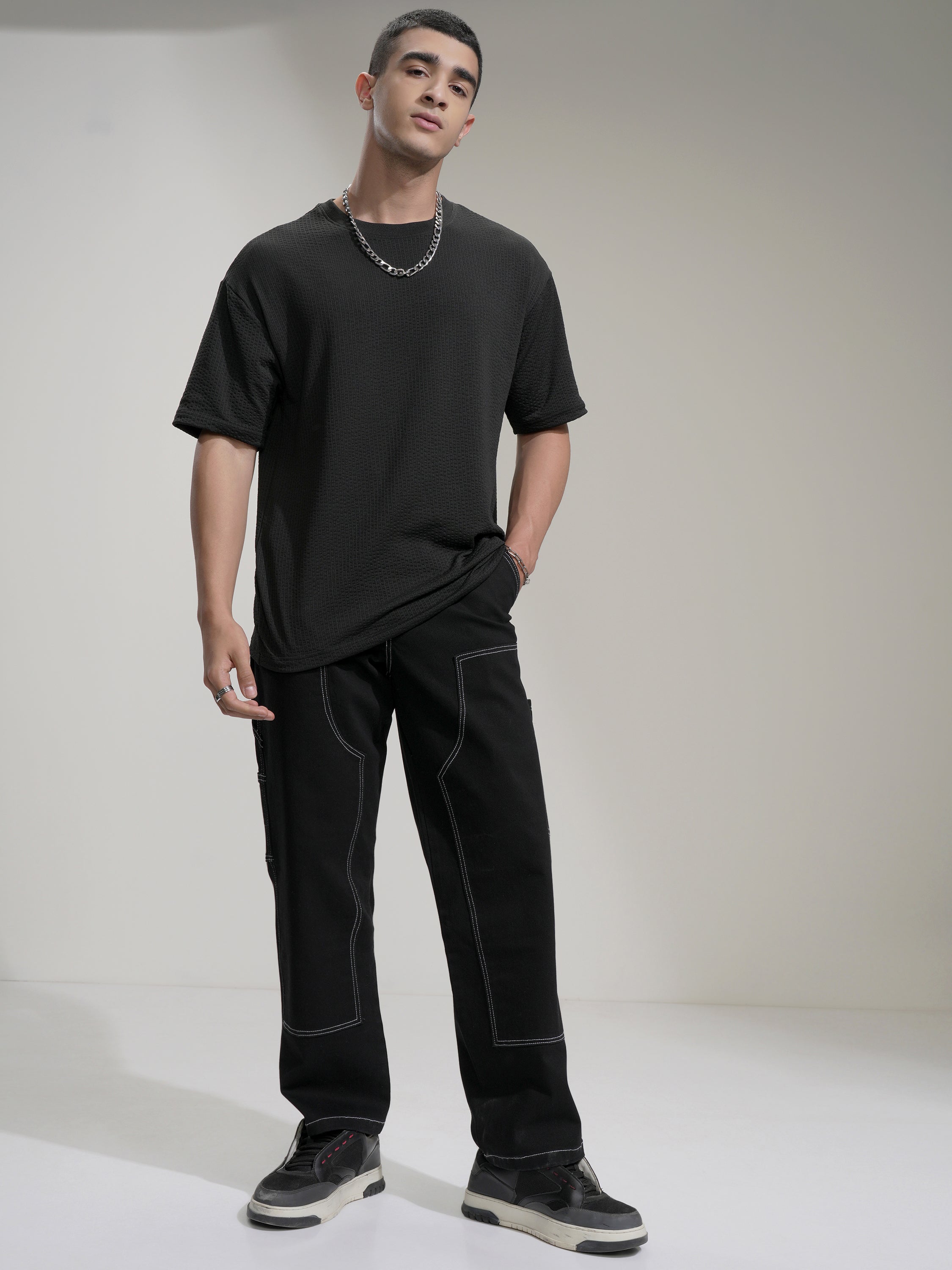 Highlander Men Black Self Design Round Neck Relaxed Fit T-Shirt - Black - Image 2