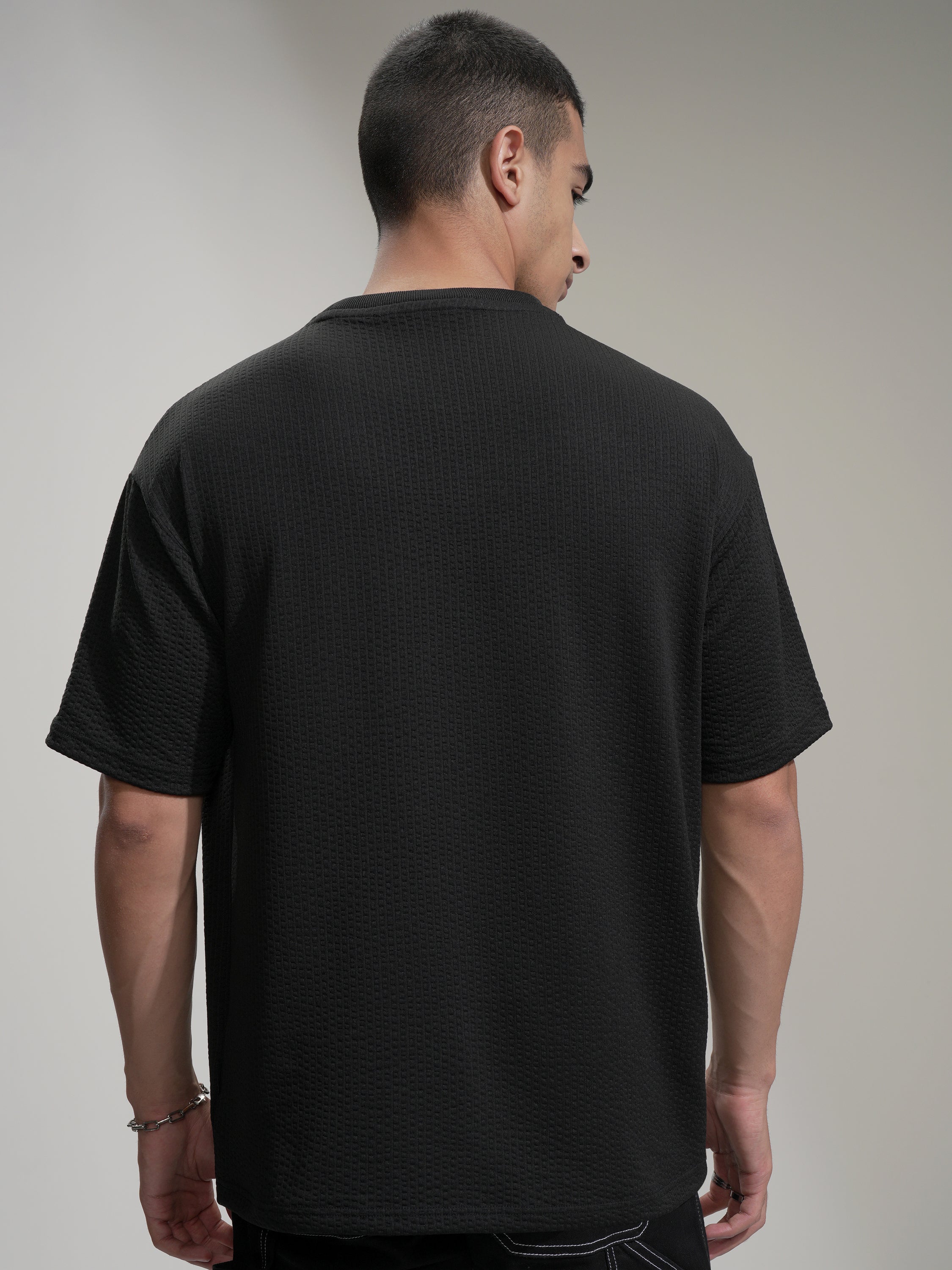 Highlander Men Black Self Design Round Neck Relaxed Fit T-Shirt - Black - Image 3