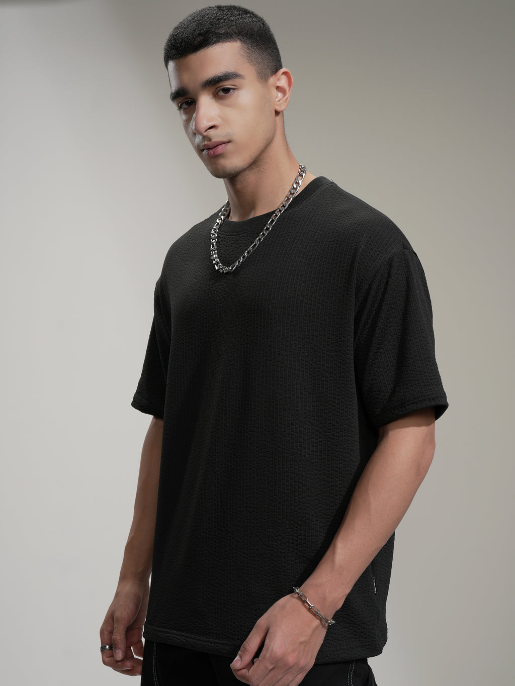 Highlander Men Black Self Design Round Neck Relaxed Fit T-Shirt - Black - Image 4