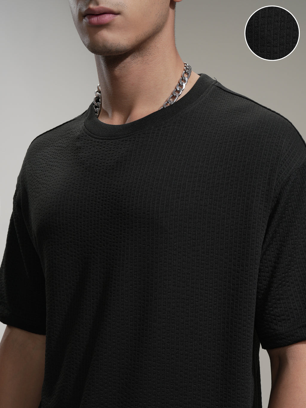 Highlander Men Black Self Design Round Neck Relaxed Fit T-Shirt - Black - Image 5