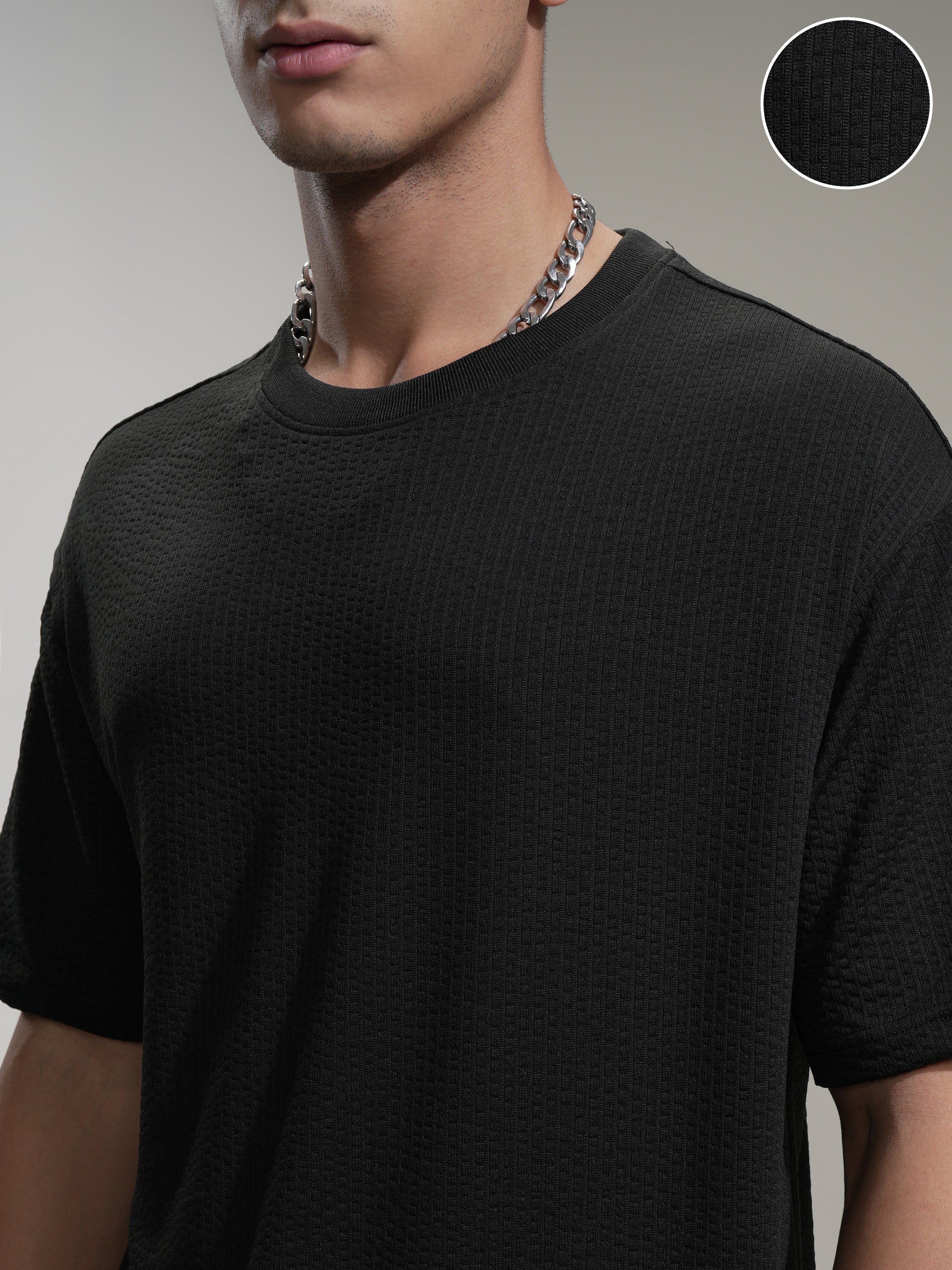 Highlander Men Black Self Design Round Neck Relaxed Fit T-Shirt - Black - Image 5