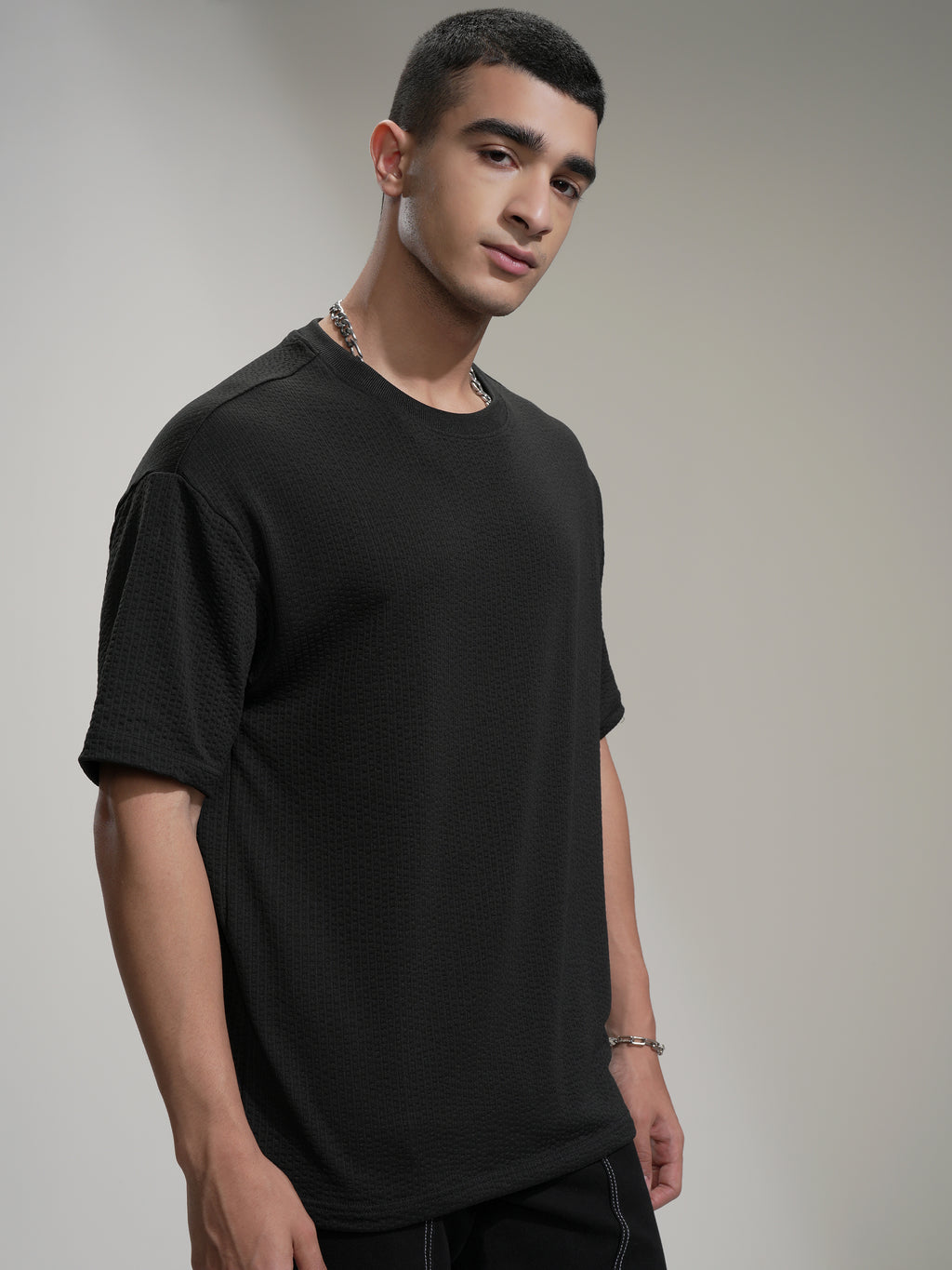 Highlander Men Black Self Design Round Neck Relaxed Fit T-Shirt - Black - Image 6